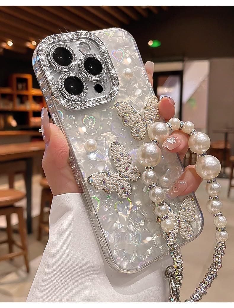 LXXZBC for iPhone 14 Plus 6.7" Bling Case Luxury Shine Sparkly Glitter Laser Love Shell Pattern Cute 3D Pearl Butterfly Phone Cover with Wrist Strap for Women Girls,White
