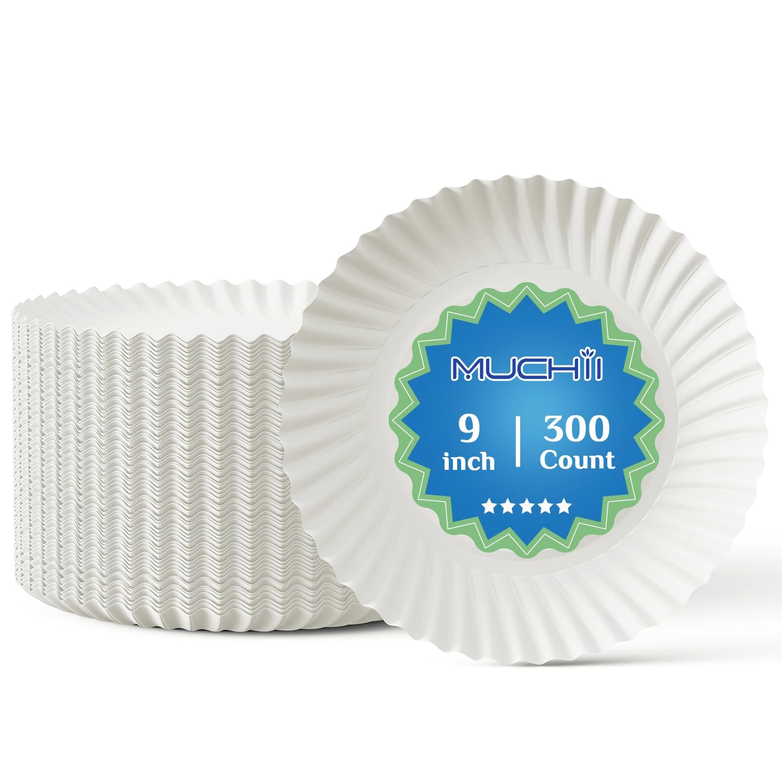 MUCHII 9 Inch Paper Plates, 300 Count White Uncoated Disposable Bulk