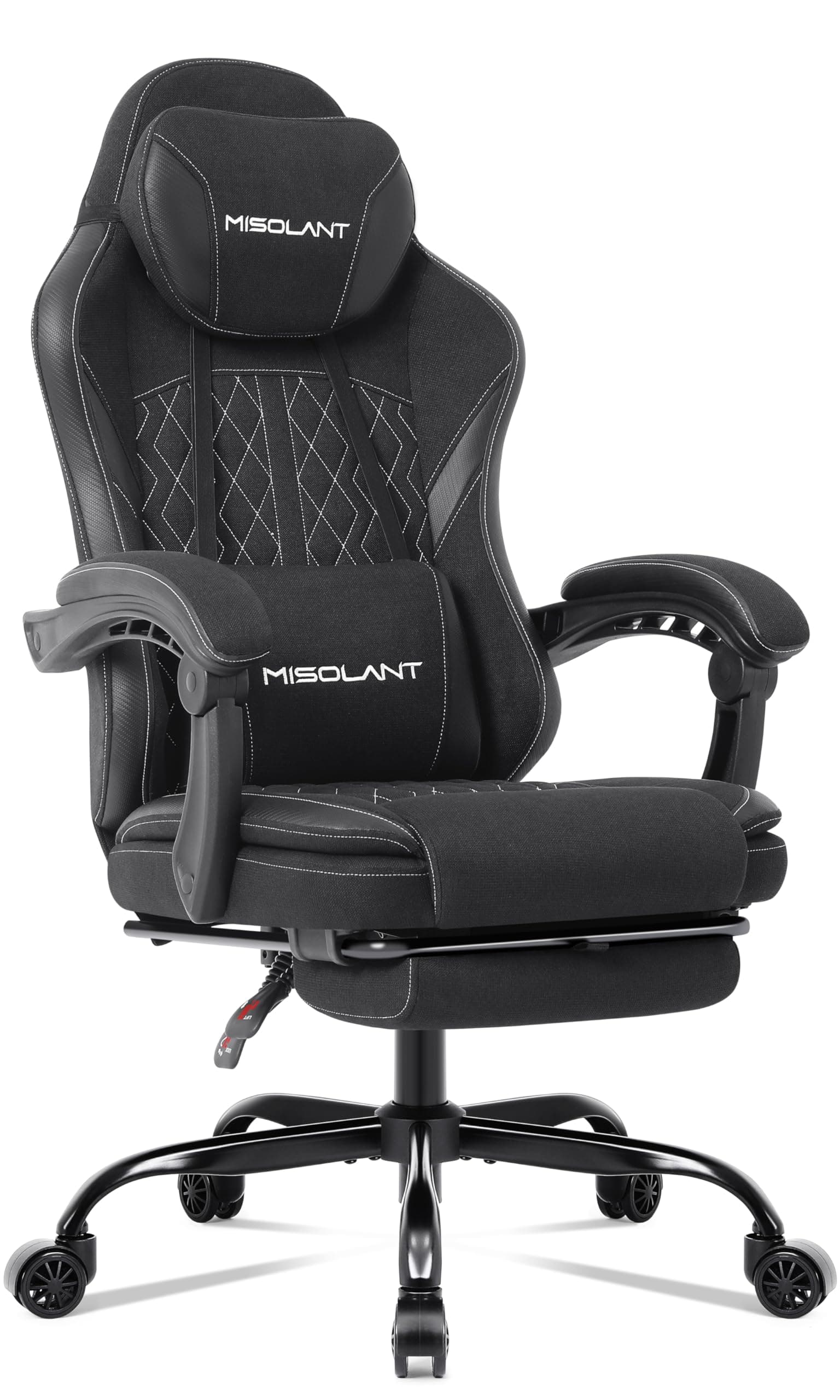 Misolant Gaming Chair, Fabric Gamer Chair with footrest for Adults, High Back Ergonomic Computer Game Chair with Adjustable Headrest and Massage Lumbar Support, 90-155° Recline Free，Black