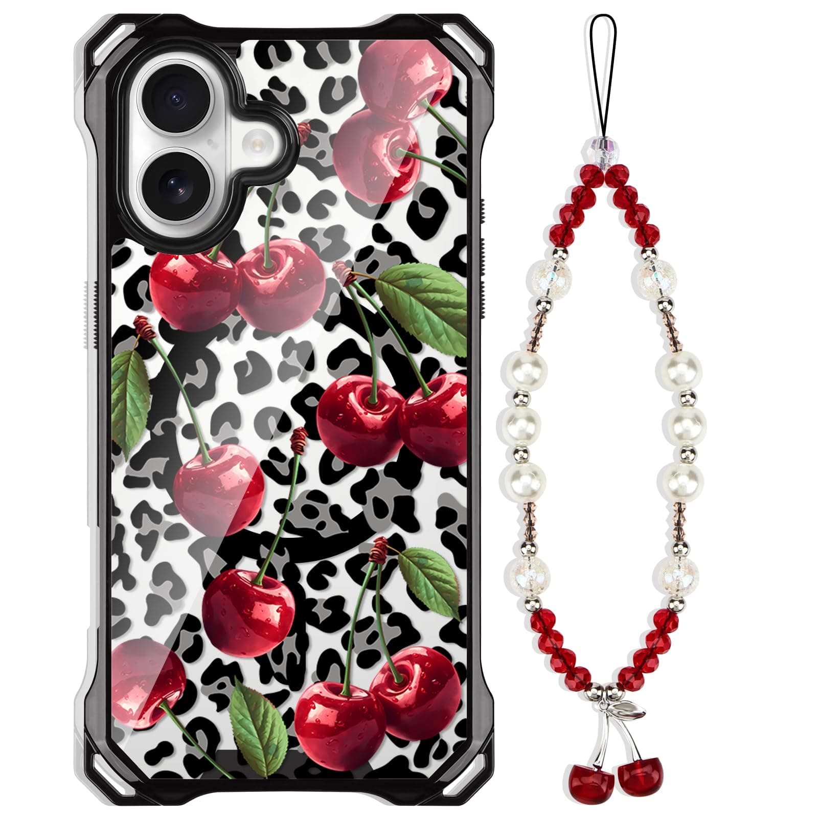 casesszoone for iPhone 16 Cheetah Print Cherry Case with Chain Strap [Compatible with MagSafe] Magnetic Clear Four Corners Shockproof Leopard Cherries Cover for Girls Women iPhone 16 6.1''