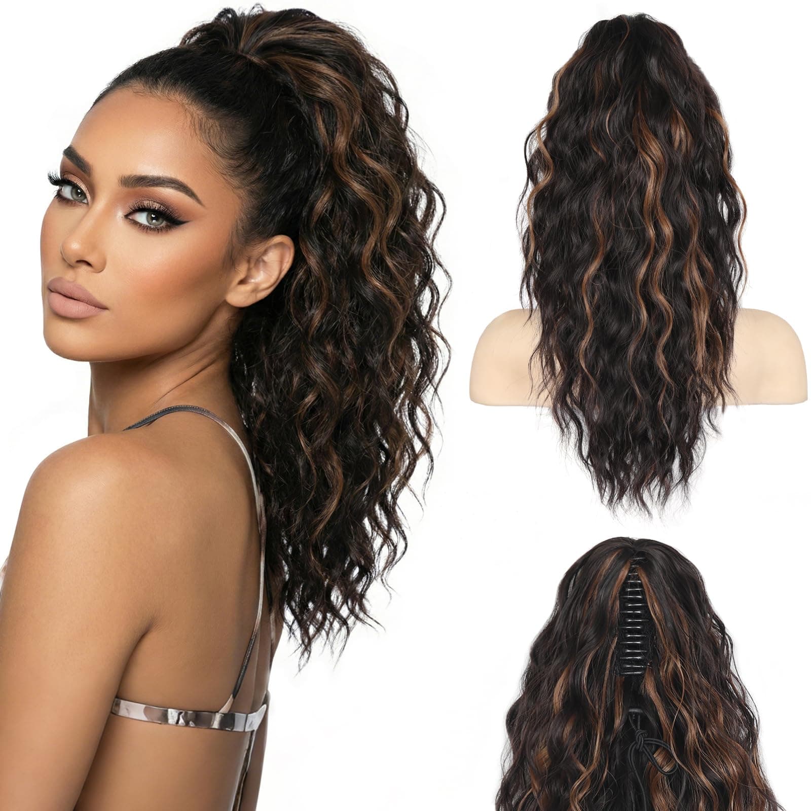 ZQIAN BEAUTY 18 Inch Claw Clip Ponytail Extension, Wavy Pony Tails Hair Extensions, Synthetic Hair Extensions Ponytail, Clip On Ponytails for Women (Dark Brown with Honey Blonde Highlights)