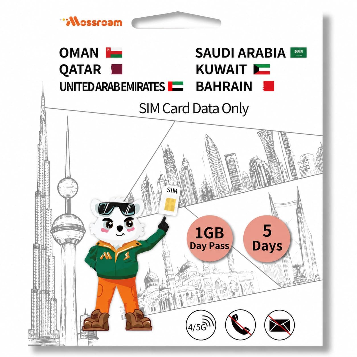 3-in-1 SIM Card for Saudi Arabia, Qatar, Oman, Kuwait – Prepaid Data Plans | Day Pass 1GB Daily Data,5 Days | Unlimited 4/5G Speed Internet