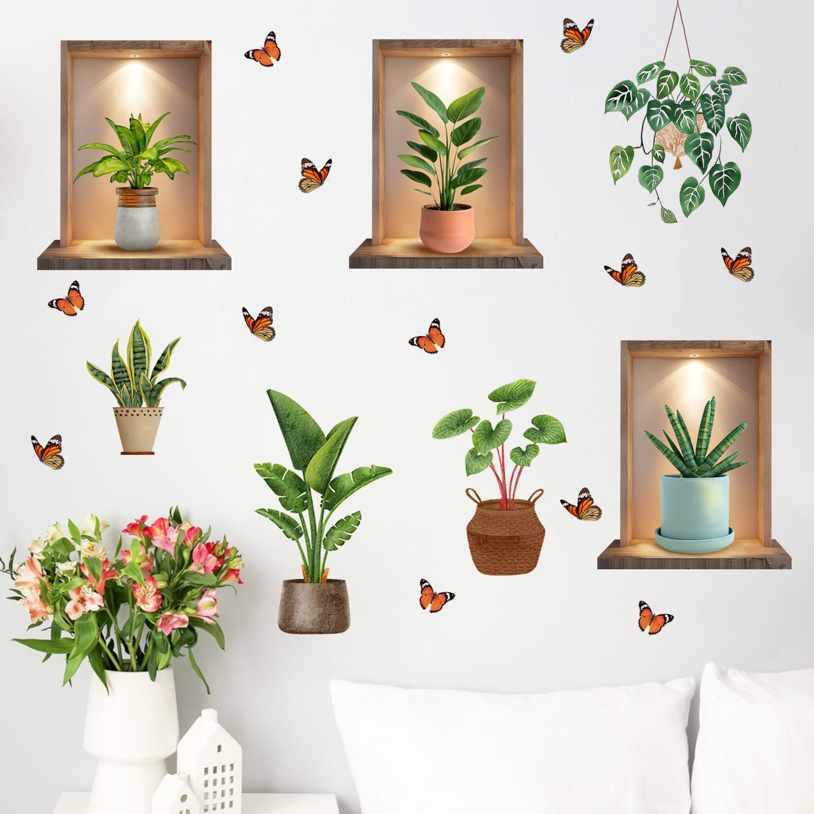 Mfault 3D Potted Plants Wall Decals Stickers, Tropical Plants Bonsai Succulent Butterfly Decorations Bedroom Art, Spring Summer Green Leaves Botanical Home Living Room Kitchen Decor