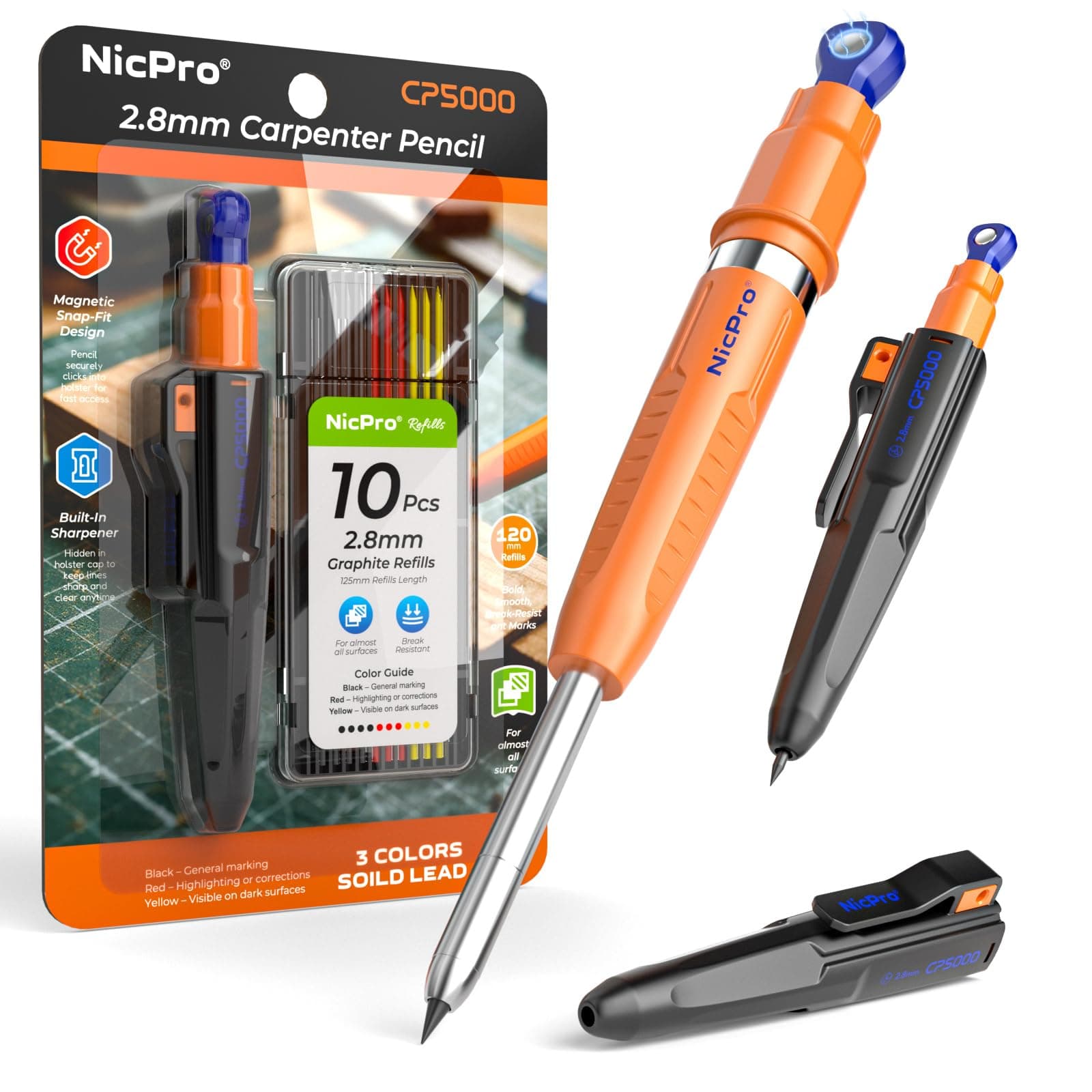 Nicpro New 7-in-1 Magnetic Carpenter Pencils with Sharpener, CP5000 Construction Pencil + Refill, Deep Hole Marker for Construction, Woodworking Pencil with Magnetic, Best Carpenter Tools for Marking