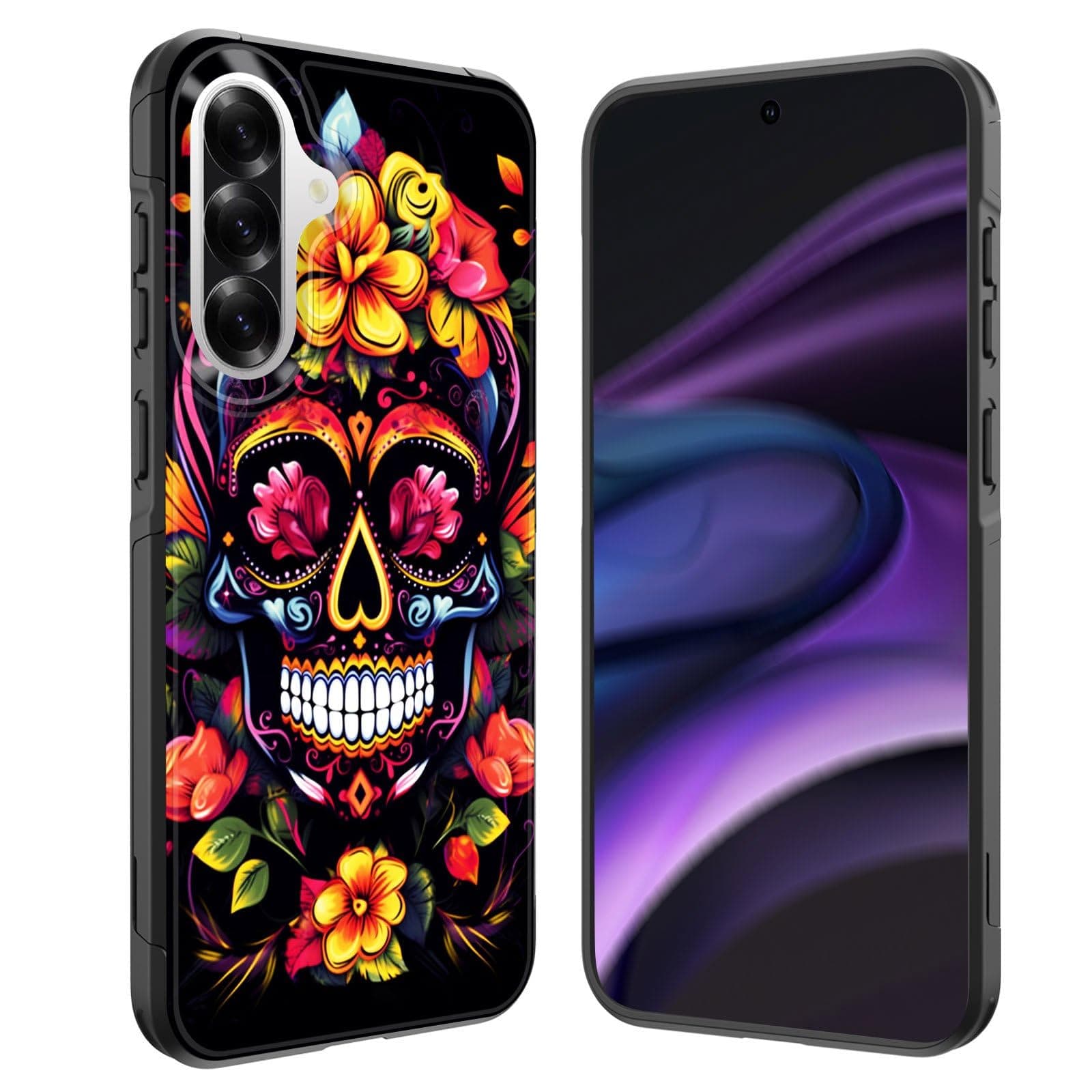 GFEWYTJYJ for Galaxy A36 5G Case,[10 FT Military Grade Drop Protection] Non-Slip Heavy Duty Shockproof Phone Case for Samsung Galaxy A36 5G 6.7 Inch 2025,Skull in Flowers