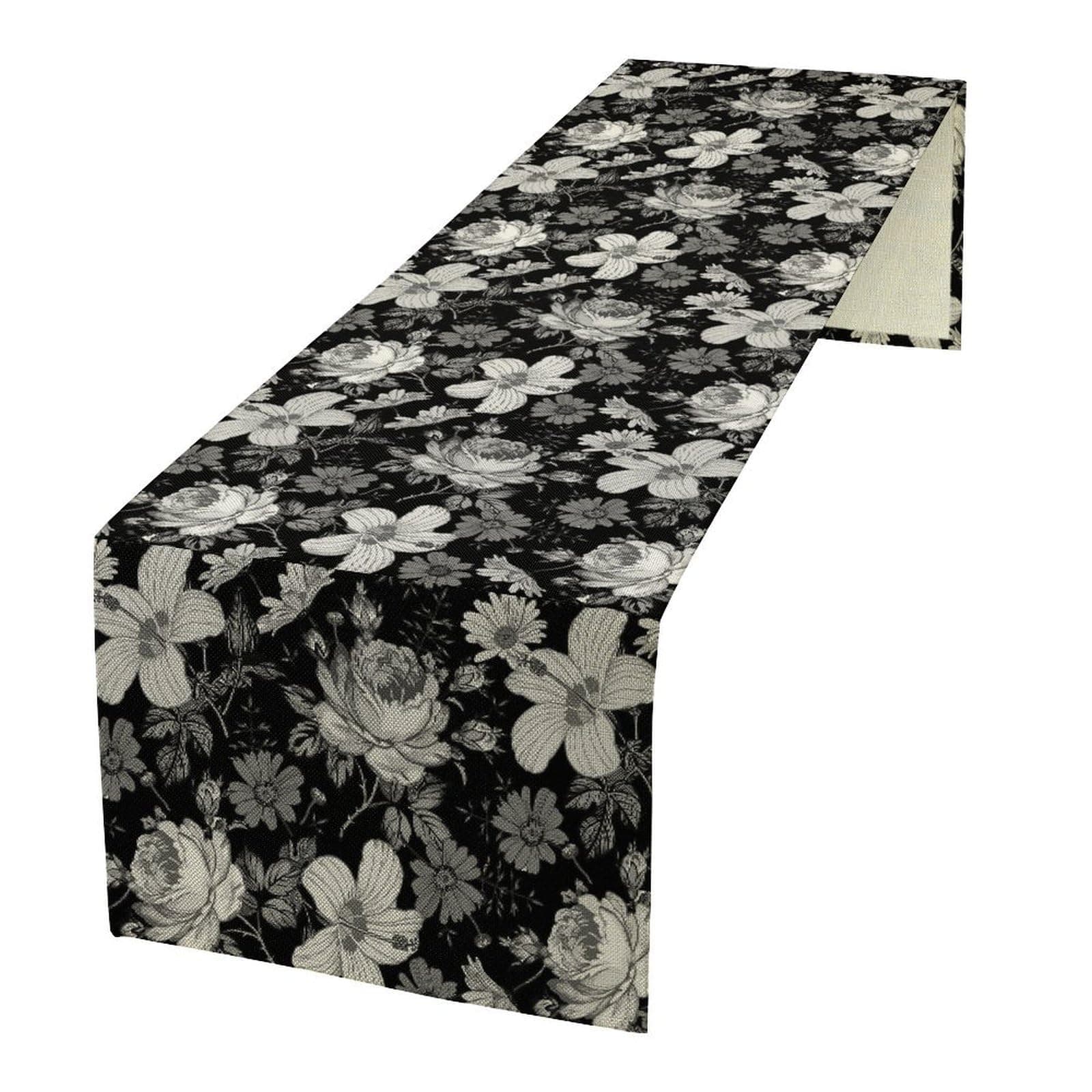 JanJCurt Black Floral Table Runner, Abstract Vintage Black White Floral Plants Leaves Boho Dark Gothic Garden Table Runner for Indoor Outdoor Party Wedding Decor, 13x36inch
