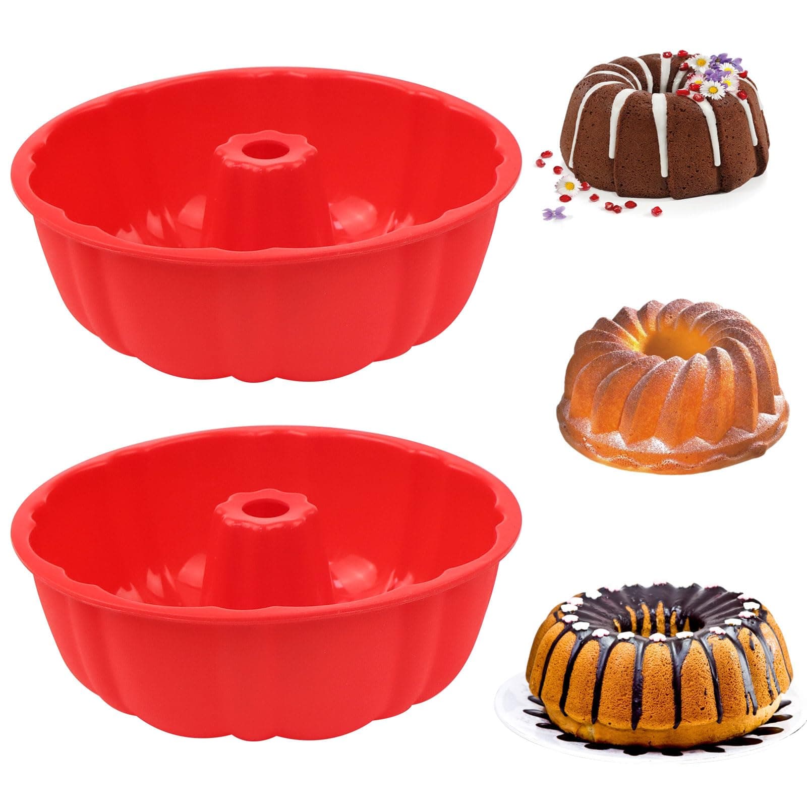 YIWONFU Silicone Bundt Cake Pan,10 inch Bundt Cake Pans Nonstick,Round Baking Pan of Baking DIY Cake Mold for Cake for Baking, Jello,Gelatin,Chocolate(Red, 2 Pack)