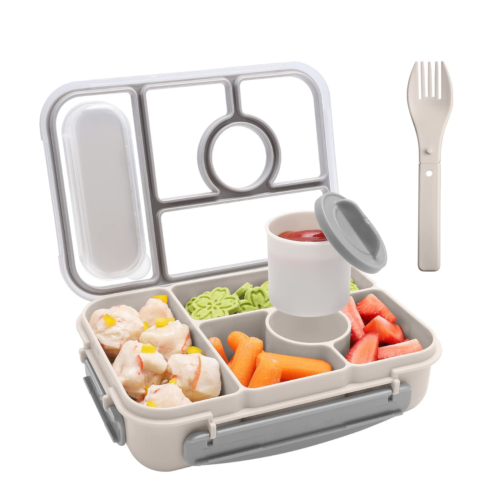Amathley Bento Box Adult Lunch Box Kids,Lunch containers for Adults/Kids/Toddler,5 Compartments bento Lunch Box for Kids with Sauce Vontainers,Microwave & Dishwasher & Freezer Safe (Milky)