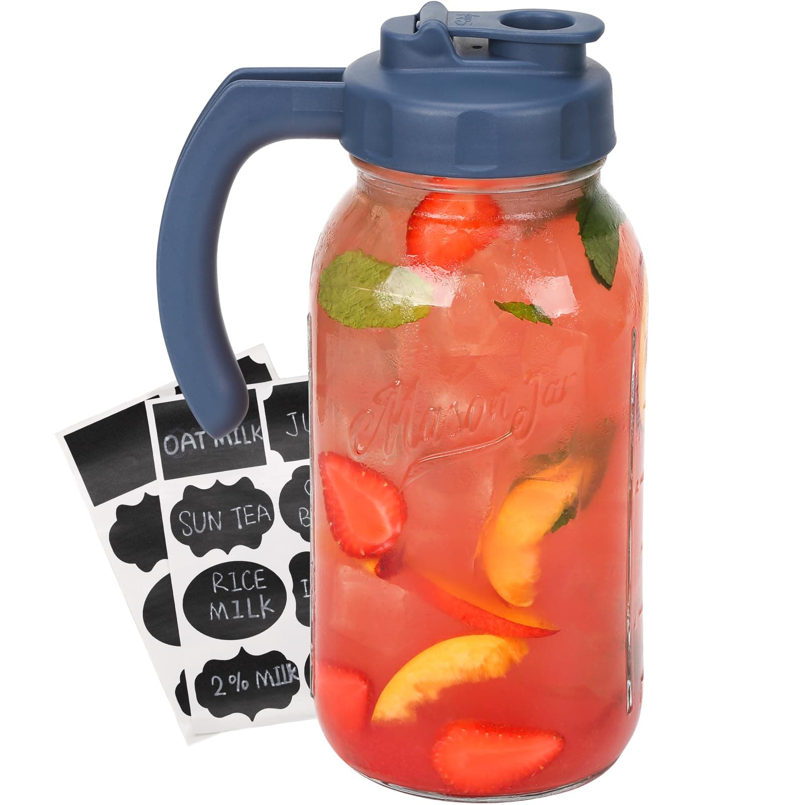 Soligt Glass Mason Jar Pitcher with Lid, Wide Mouth Flip Cap Pour Spout Leak-proof Lid with Handle, 64 oz (2 Quart / 1.9 Liter), for Sun Tea/Iced Tea/Juice/Cold Brew Coffee/Milk (1Pack, Hale Navy)
