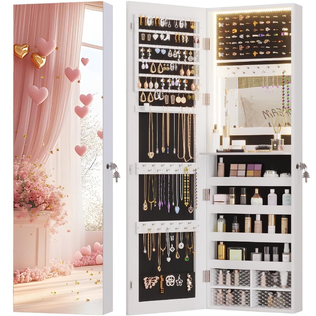Vlsrka 47.2" LED Jewelry Mirror Cabinet, Wall/Door Mounted Jewelry Armoire Organizer with Full Length Mirror, Large Storage Hanging Cabinet, 4 Drawers, 5 Shelves, Built-in Lighted Mirror (White)