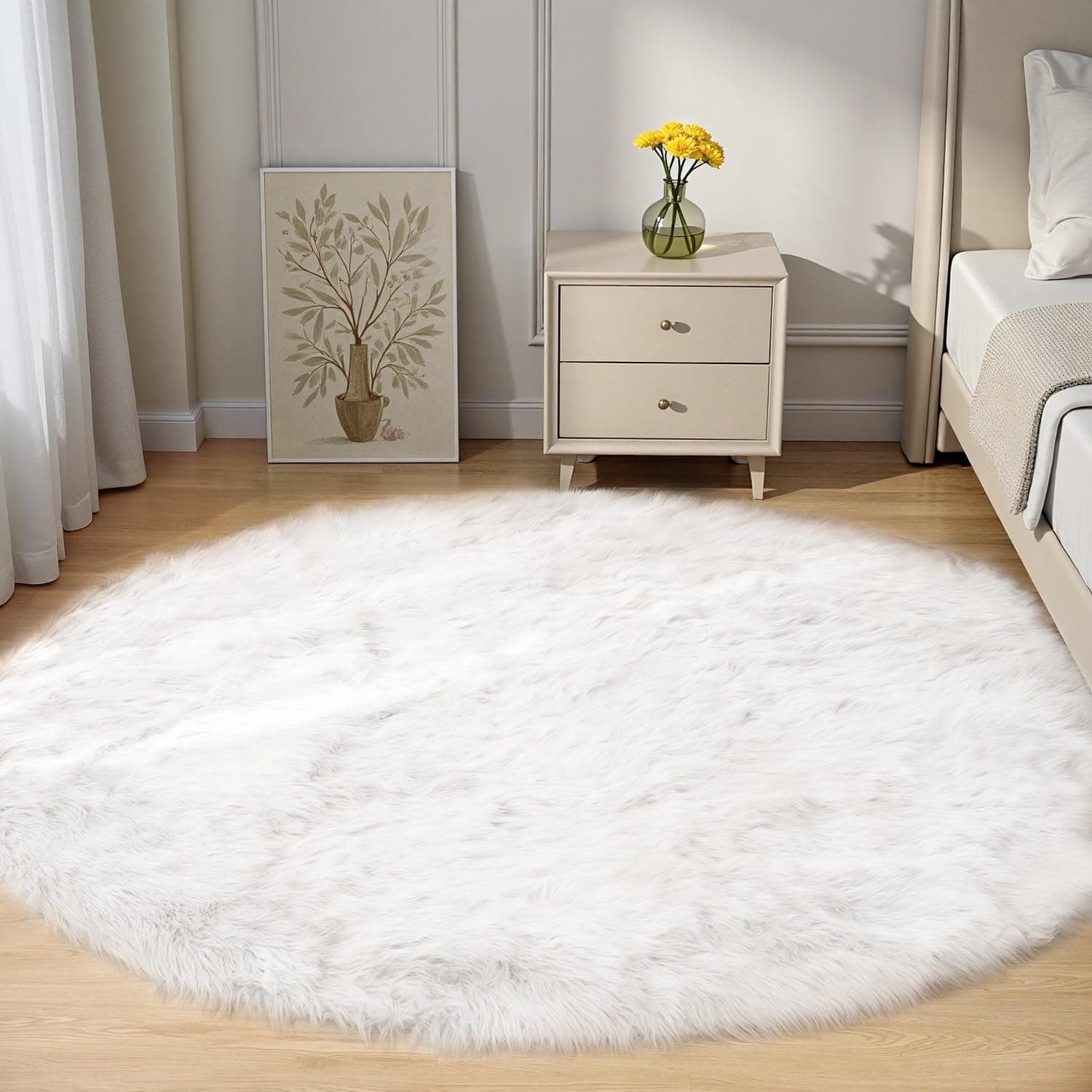 Goolela White Round Area Rug 6ft Fluffy Fuzzy Circle Sheepskin Rug for Bedroom Living Room Faux Fur Furry Carpet Luxury Plush Washable