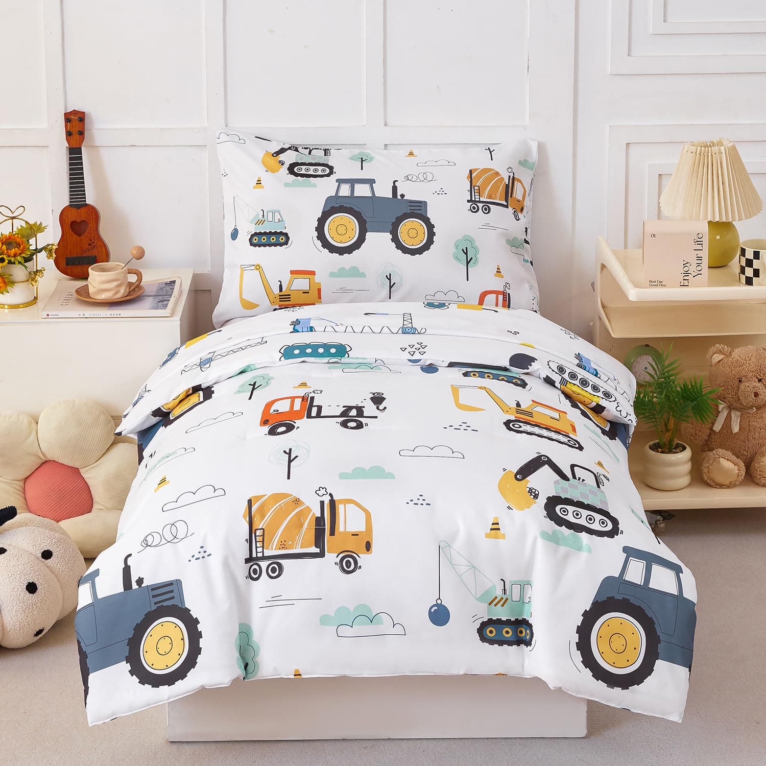 PERFEMET 4 Pieces Construction Toddler Bedding Set for Boys