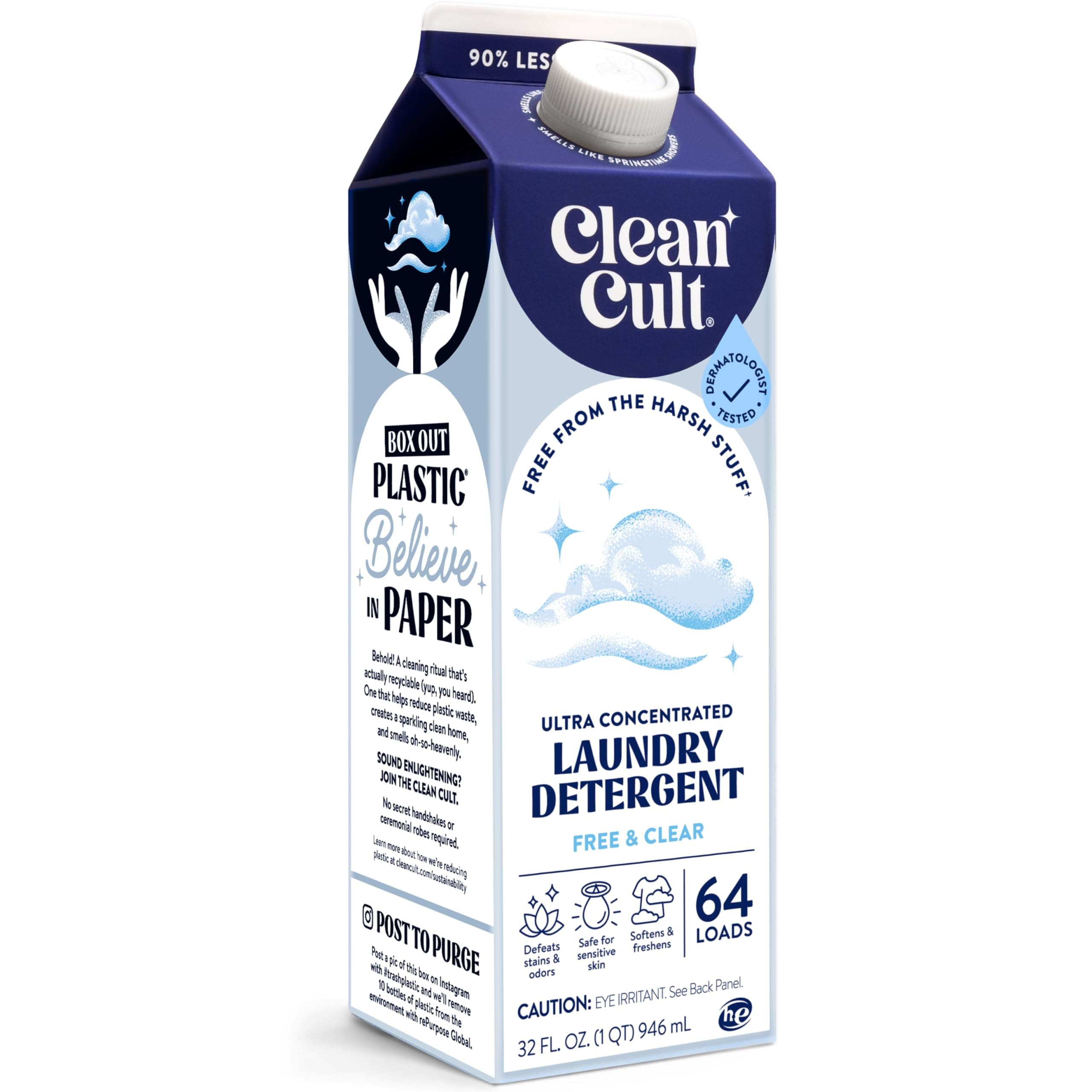 Ultra Concentrated Liquid Laundry Detergent Soap, 64 loads (32 oz), 90% Less Plastic, No Harsh Chemicals, Free & Clear, Defeats Stains & Odors, Eco-friendly, HE/Standard Compatible