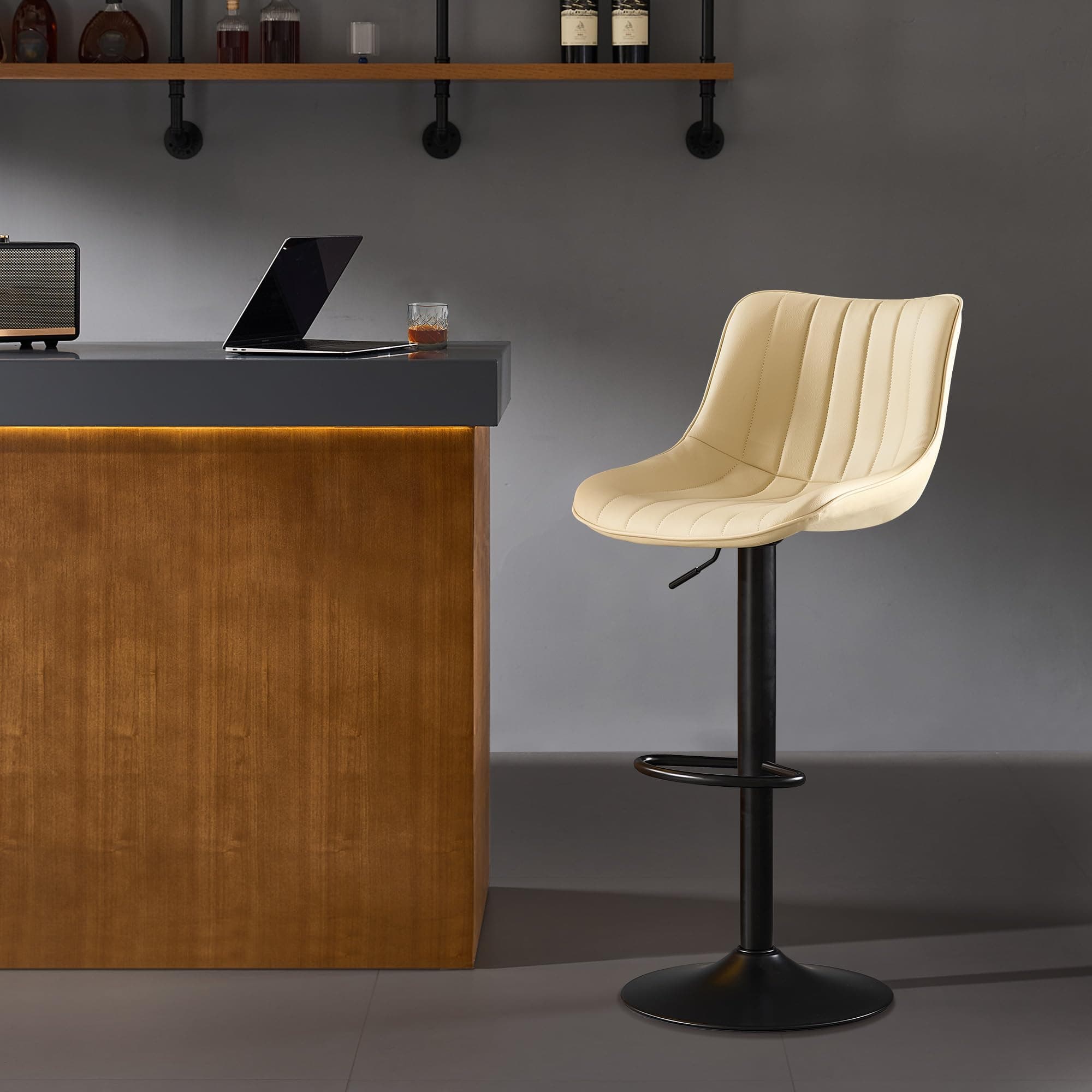 Nestvatto Bar Stools Set of 2, Swivel Counter Height Bar Stools, Adjustable PU Leather Bar Chairs with Back and Footrest, Modern Armless Counter Stools, Island Chairs for Bar Kitchen, Beige