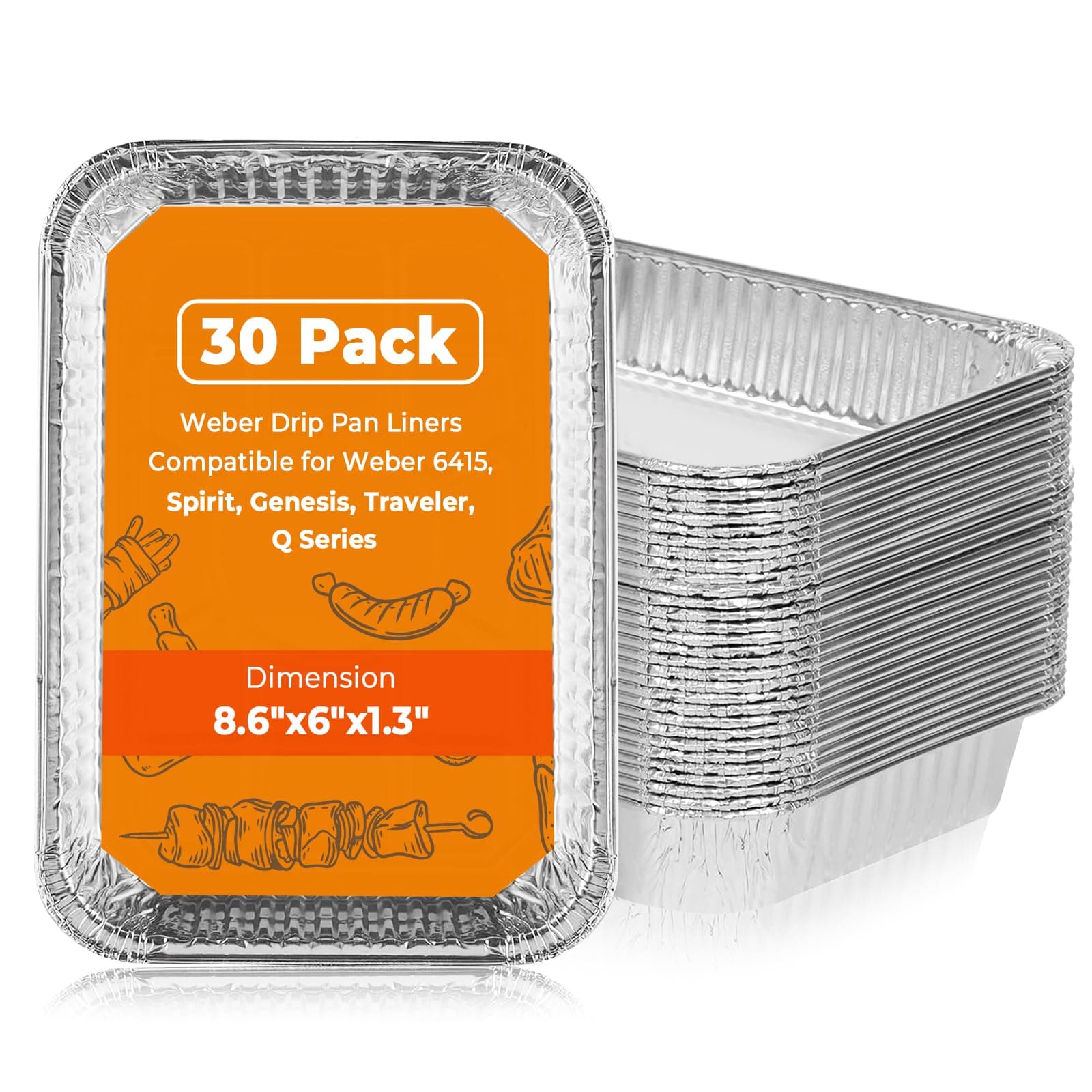 30-PCS Drip Pan Liners for Weber: 6415 Grill Grease Tray Liner Disposable Aluminum Foil - Grill Accessories for Spirit, Genesis, Traveler, Q Series - BBQ Grease Tray Replacement