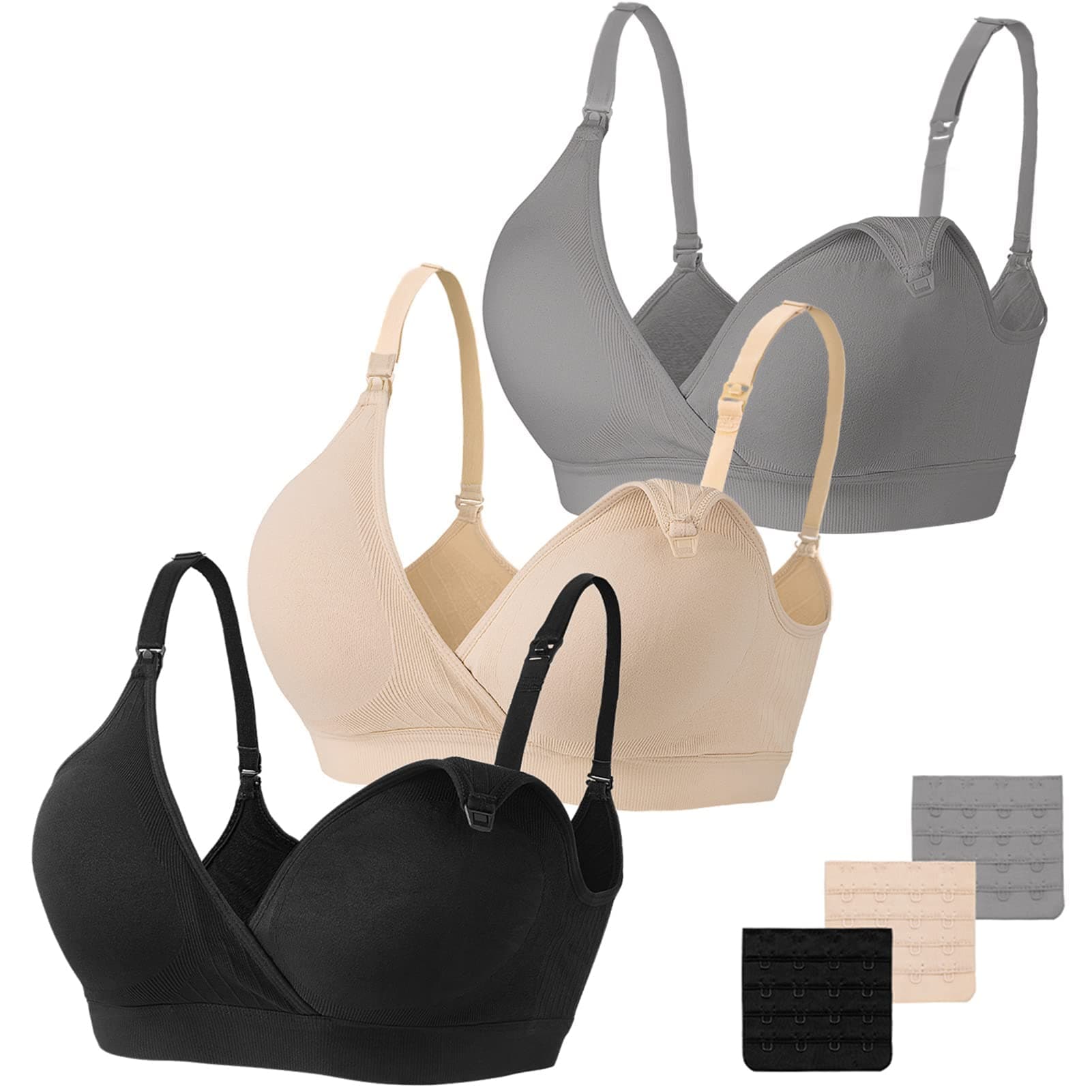 Vinfact Nursing Bra 3 Pack Seamless V Neck Maternity Bra Women Pregnancy Breastfeeding Bra Black/Nude/Grey XXL