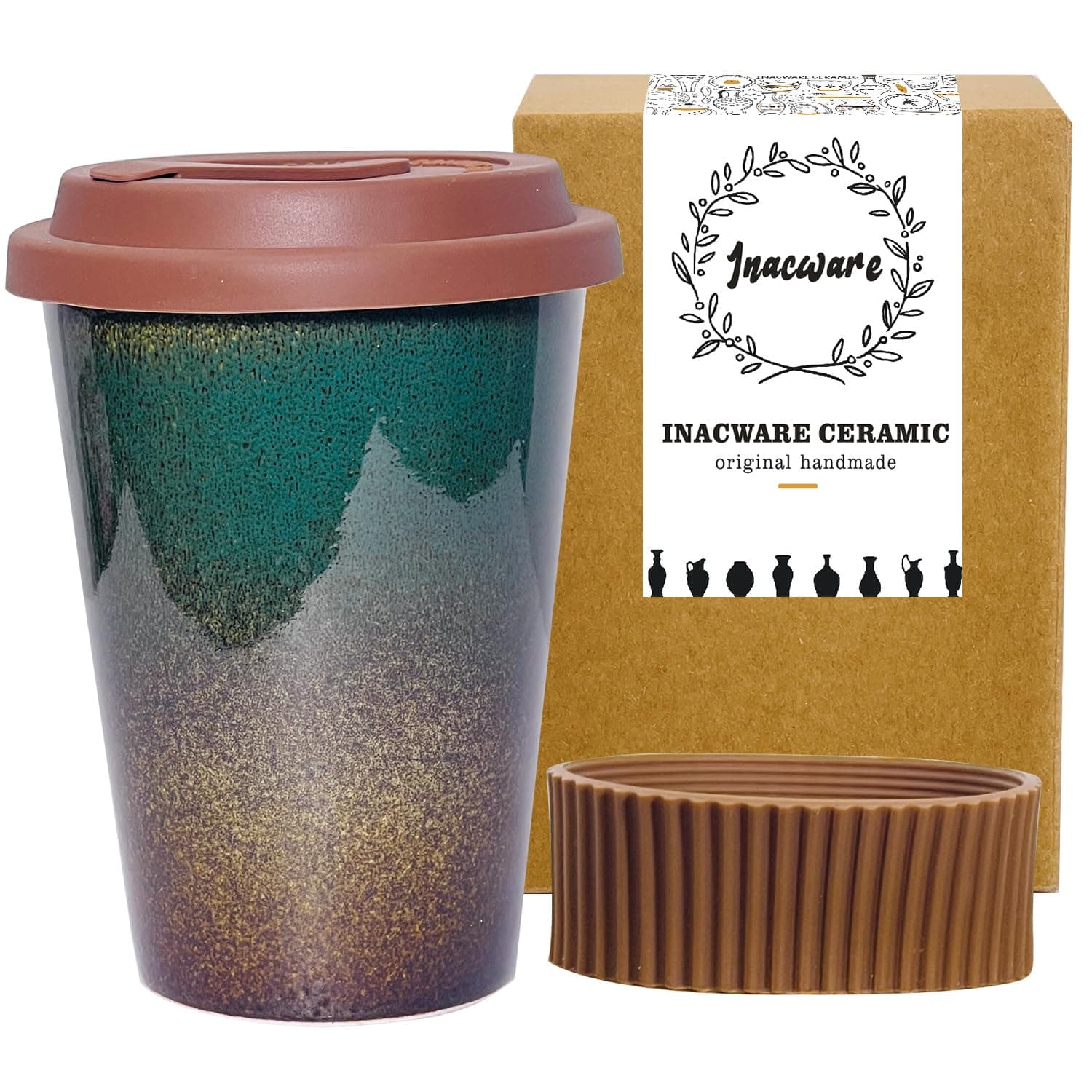 INACWARE Handmade Ceramic Handcrafted Coffee Cup, 360ML, Creative Rough Pottery, Personalized and Fashionable Cup, Unique Design, Safe for Microwave and Dishwasher (Art Green)