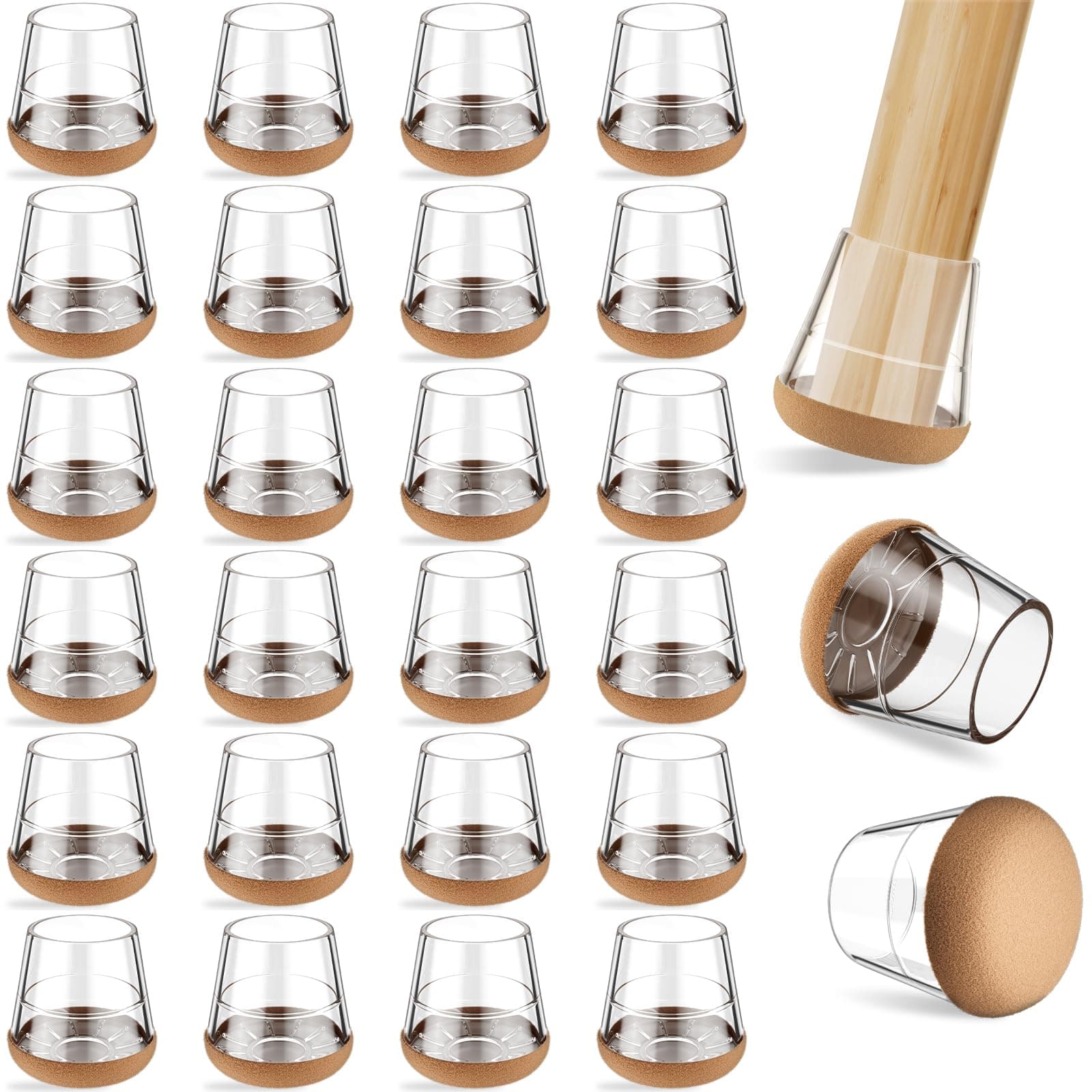 24 PCS Silicone & Felt Chair Leg Floor Protectors for Hardwood Floors - Furniture Pads, Chair Leg Covers/Cups - No Noise & Scratch-Proof - Round XS (Fits 9/16" to 12/16" / 15-19mm), Clear