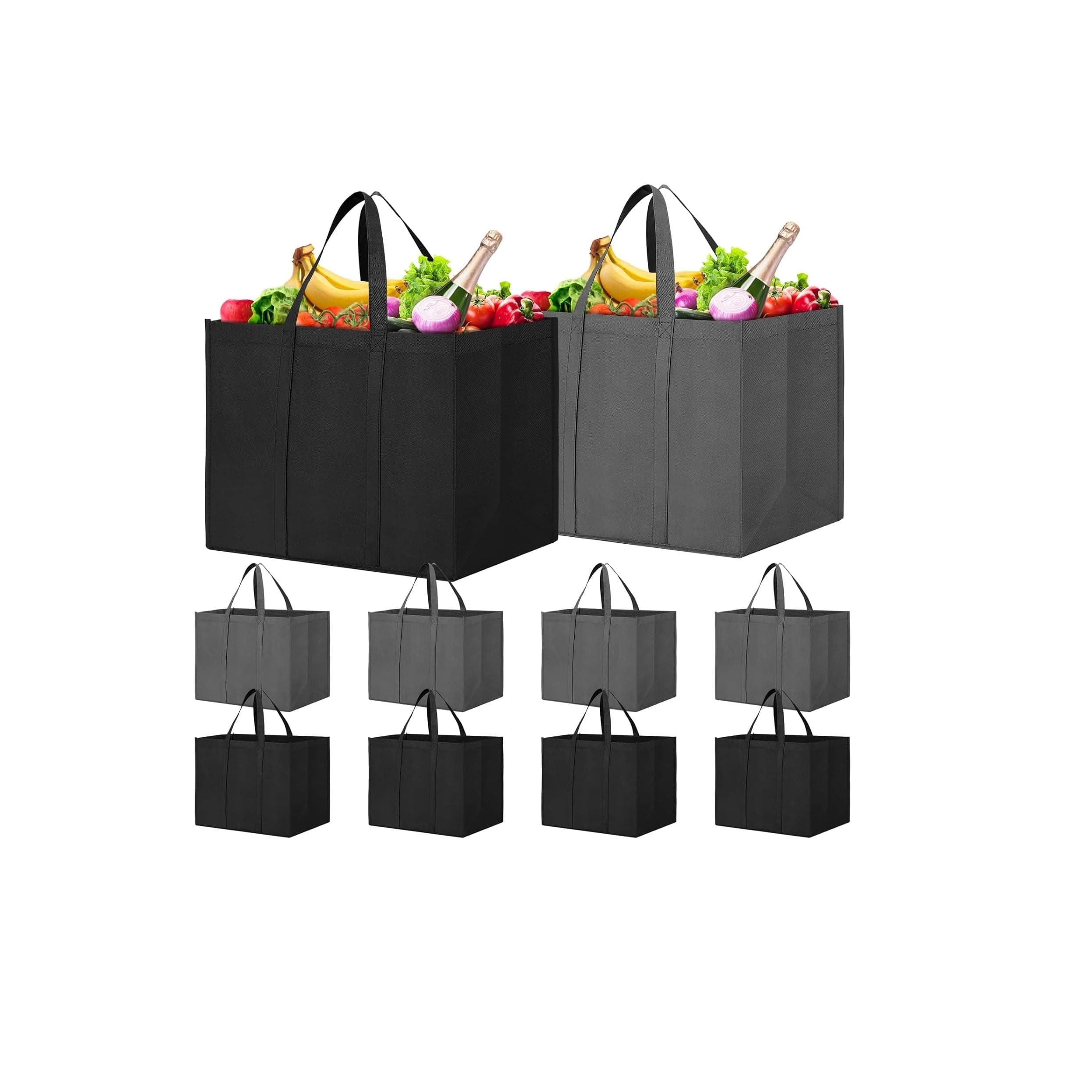 WISELIFE Reusable Grocery Shopping Bags 10 Pack Large Foldable Tote Bags Bulk, Eco Produce Bags with Long Handle for Shopping Groceries Clothes (Grey&Black)