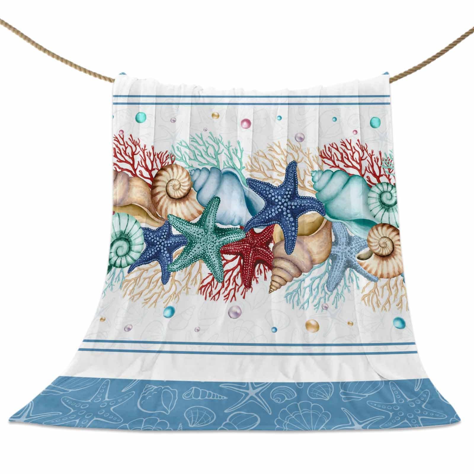 Coastal Beach Throw Blankets, Nautical Ocean Seashell Coral Starfish Soft Fleece Blanket Decorative for Home Sofa Couch Chair Living Bedroom,50x80 inches, Lake Blue Summer
