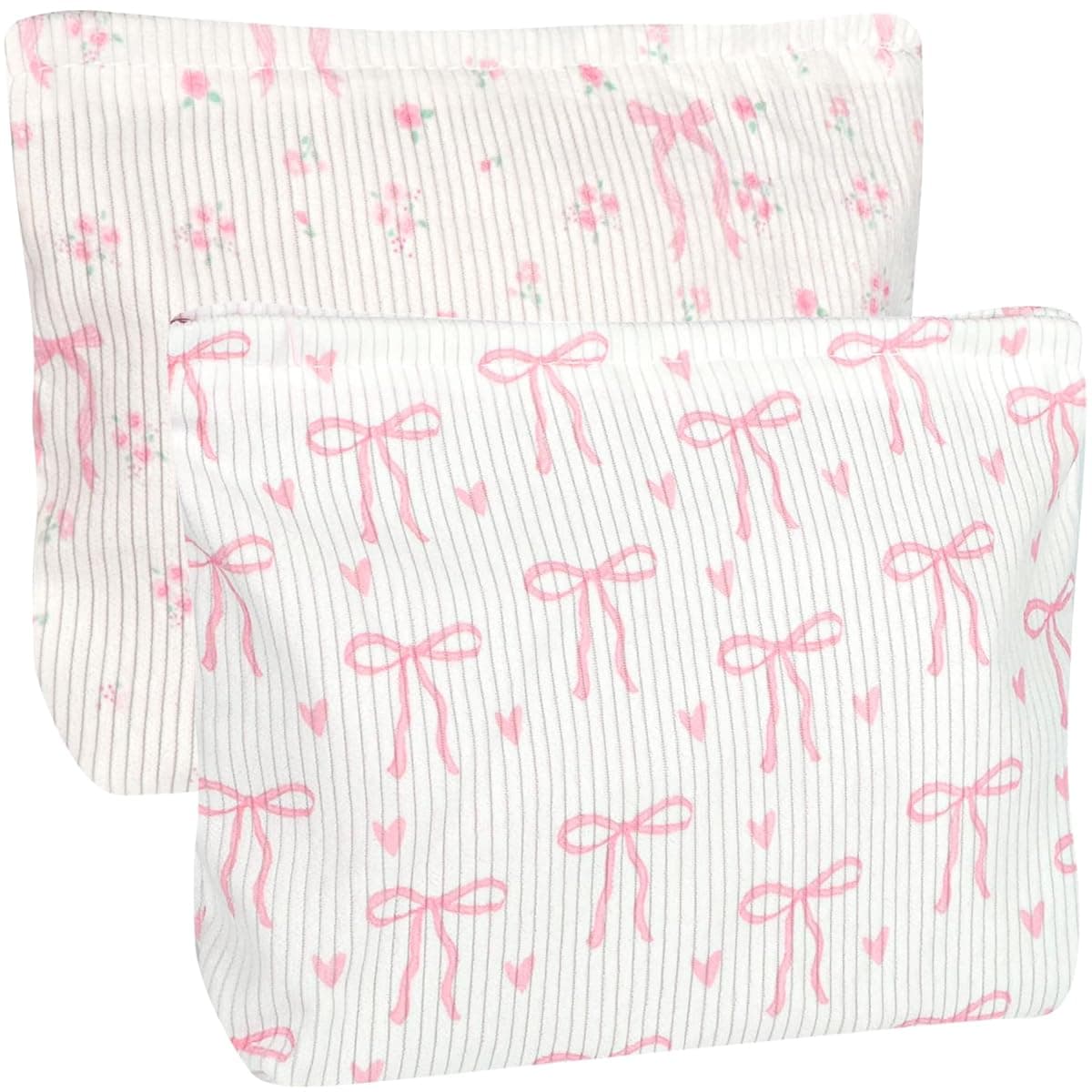 2 PCS Bows Hearts Makeup Pouch Zipper Cosmetic Bags Travel Toiletry Bag Quilted Cosmetic Makeup Organizer Floral Cotton Coquette Aesthetic Toiletry Cases Small Cosmetic Case for Women Girls*