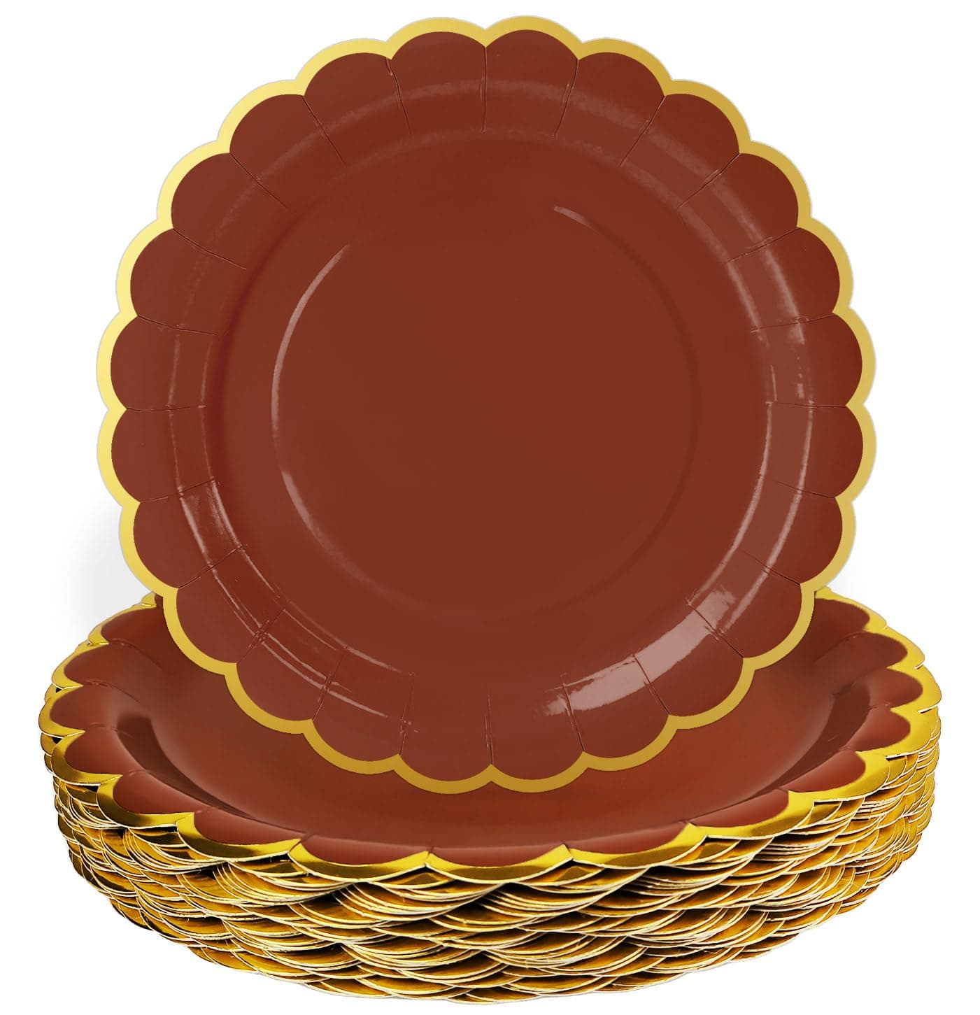HEIPINIUYE 50 Pieces Brown Paper Plates with Gold Foil 7 Inch Disposable Brown and Gold Scalloped Dinner Plates for Wedding Baby Shower Birthday Party Dessert Plate