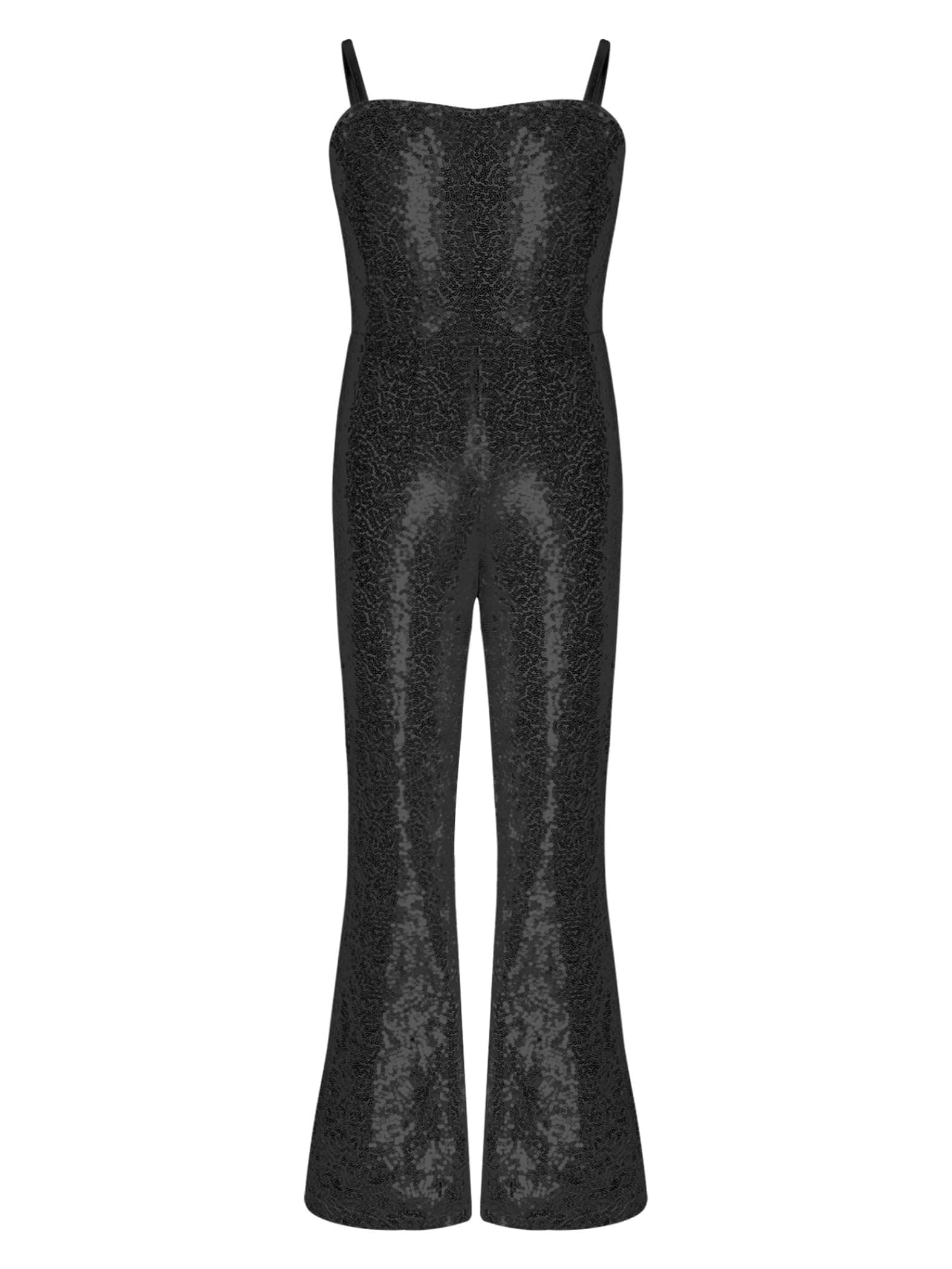 Linyuir Kids Girls Shiny Sequins Dance Jumpsuit Bell Bottoms Disco Jumpsuit Costume Dancewear Black 10 Years