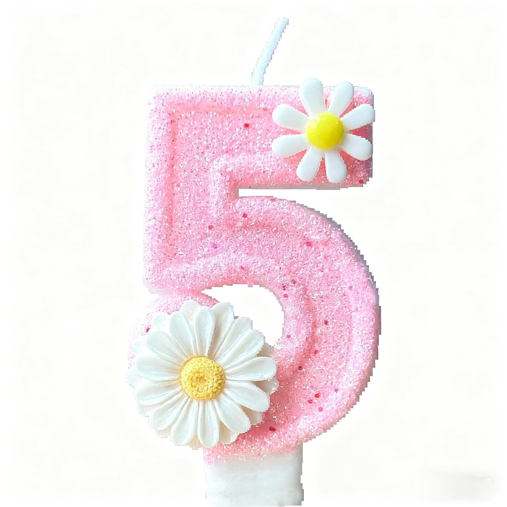 Birthday Candles for Cake, ‌5th White Flower Glitter Birthday Candle for Party Decoration, Number 5