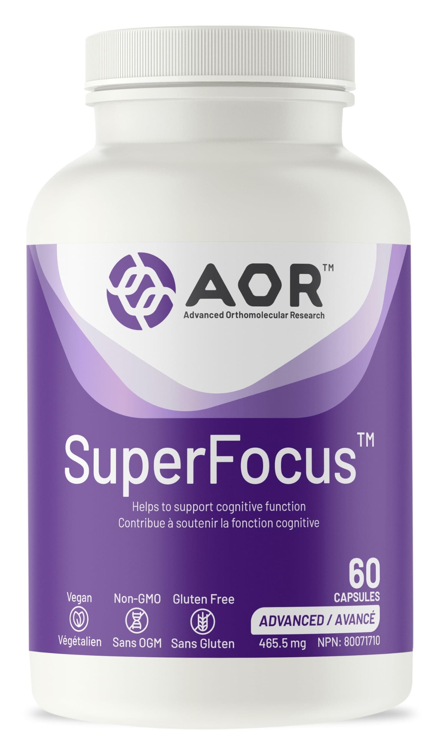 AOR SuperFocus Brain Focus Supplement, Vitamin B12, Benfotiamine, 60 Caps