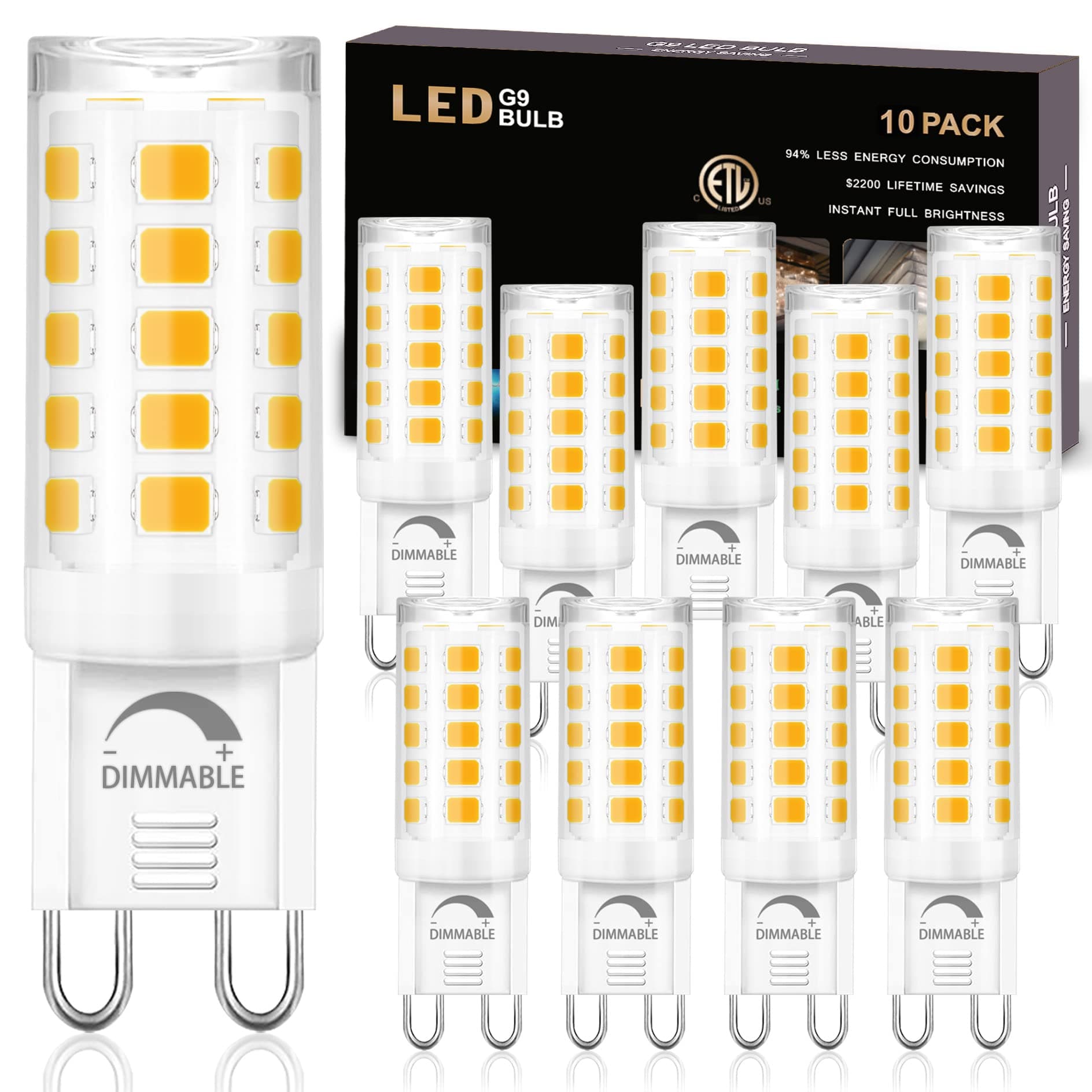 winshine 10 Pack Dimmable G9 LED Light Bulb 3000K Warm White, 4W G9 Base Chandelier Light Bulb Soft White, T4 40Watt Halogen Replacement G9 Bi Pin Base, CRI85 120V 360° Beam Angle