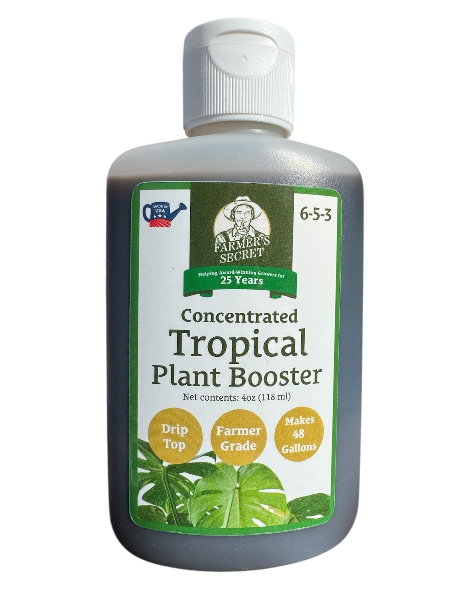 Farmer's Secret Tropical Houseplant Booster (4oz) - Super Concentrated, Makes 48 Gallons - Great for All Tropical Houseplants (Monstera, Fiddle Leaf, ZZ Plants, and More) - Easy to use Drip Top