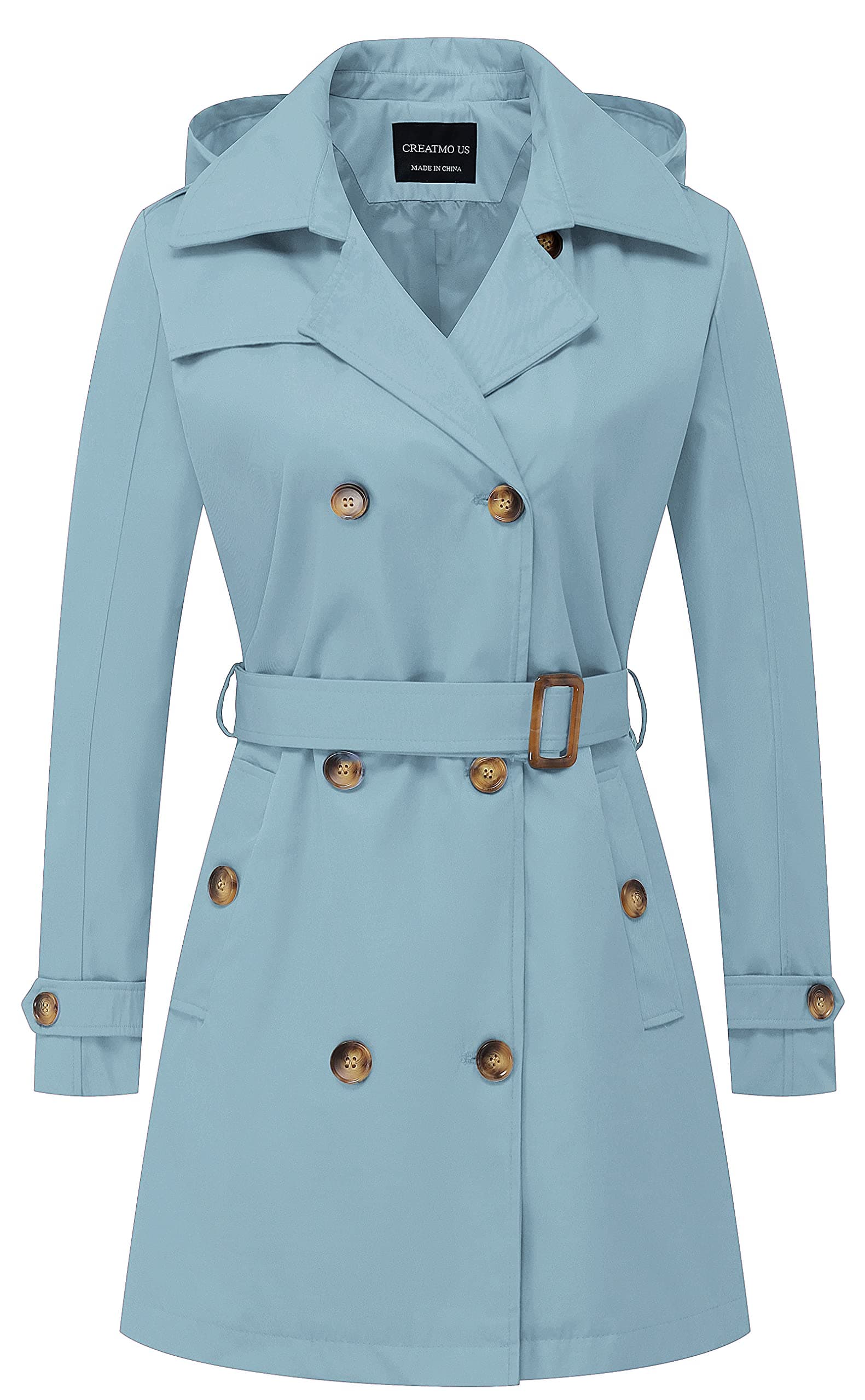 CREATMO US Women's Trench Coat Double-Breasted Classic Lapel Overcoat Belted Slim Outerwear Coat with Detachable Hood, Blue, 3XL