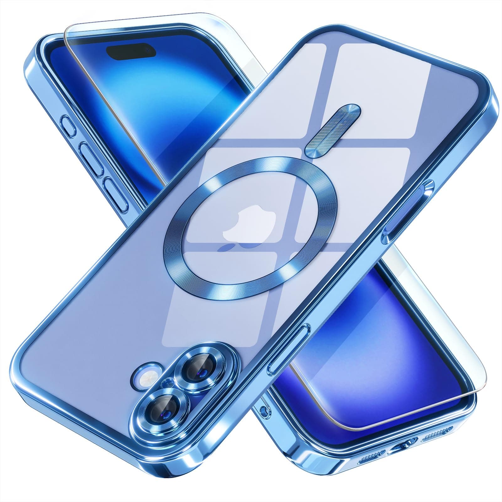 Misea Magnetic for iPhone 16 Case with MagSafe [Never Yellowing] [Military Grade Drop Protection] Full Camera Lens Protector Plating Soft Clear Phone Case for Women Girls 6.1 inch, Sierra Blue