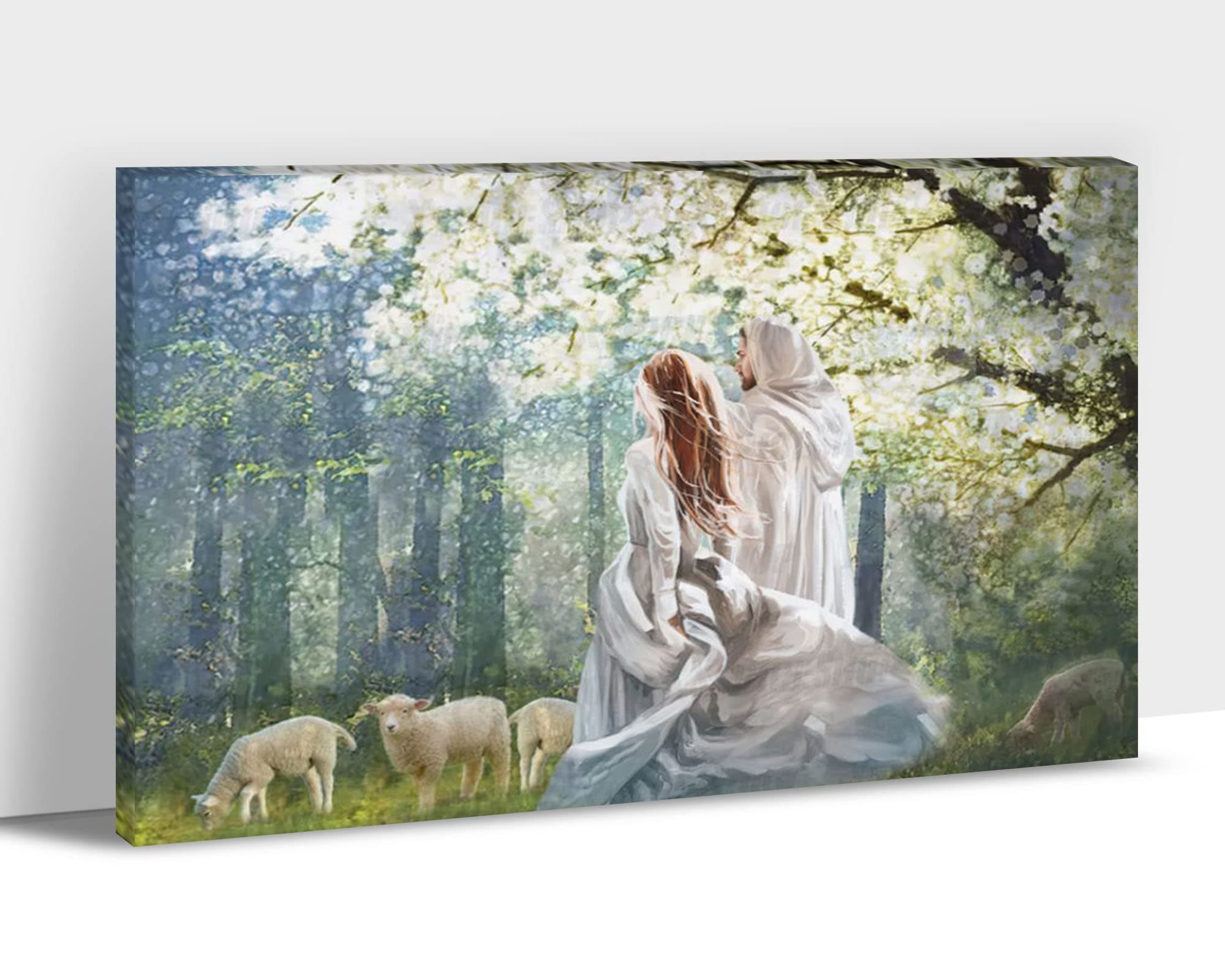 Farmhouse Wall Art - Walking With Jesus Pictures Wall Art, Forest Landscape for Living Room Wall Decor, God Canvas Prints, Christian Painting Framed Artwork for Rustic Home Wall Decoration 12x18 Inch
