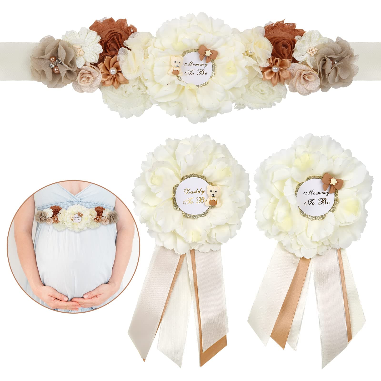 DaperCanly Teddy Maternity Sash Mom to Be Daddy to Be, Bear Theme Baby Shower Decorations for Gender Reveal Party - Mommy to be sash Shower, White Teddy Photo Props New Parents Keepsake