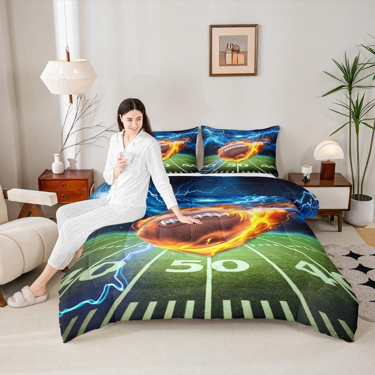 American Football Comforter Set King Size Lightning and Flame 3D Football Field Quilt Set 3Pcs Kids Boys Fashion Teens Room Decor Sports Games Duvet Insert, 2 Pillowcase