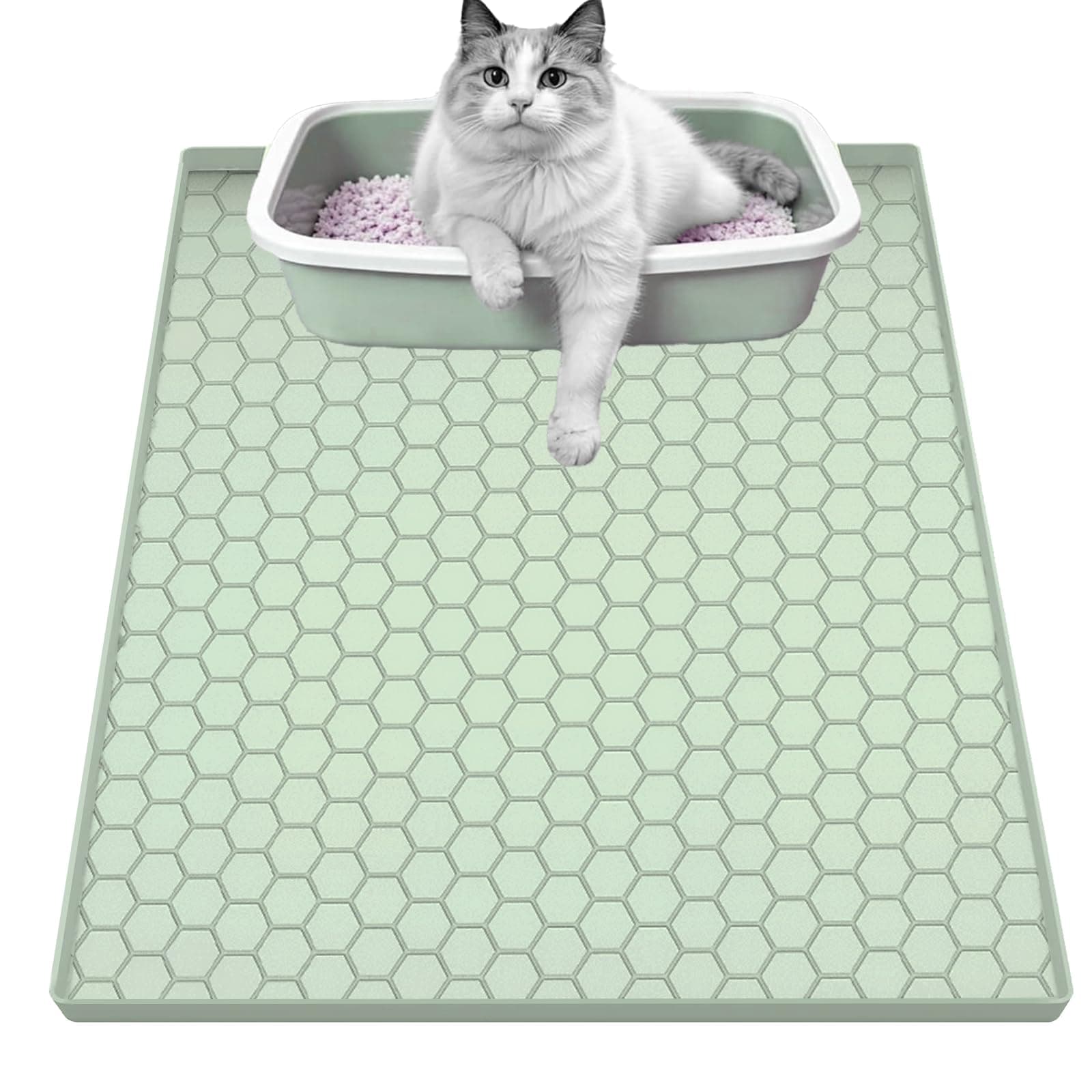 JSXZWOO Cat Litter Mat, Silicone Large Cat Mat for Litter Box - 34x22 in, Waterproof & Non-Slip, Durable & Easy Clean, Green