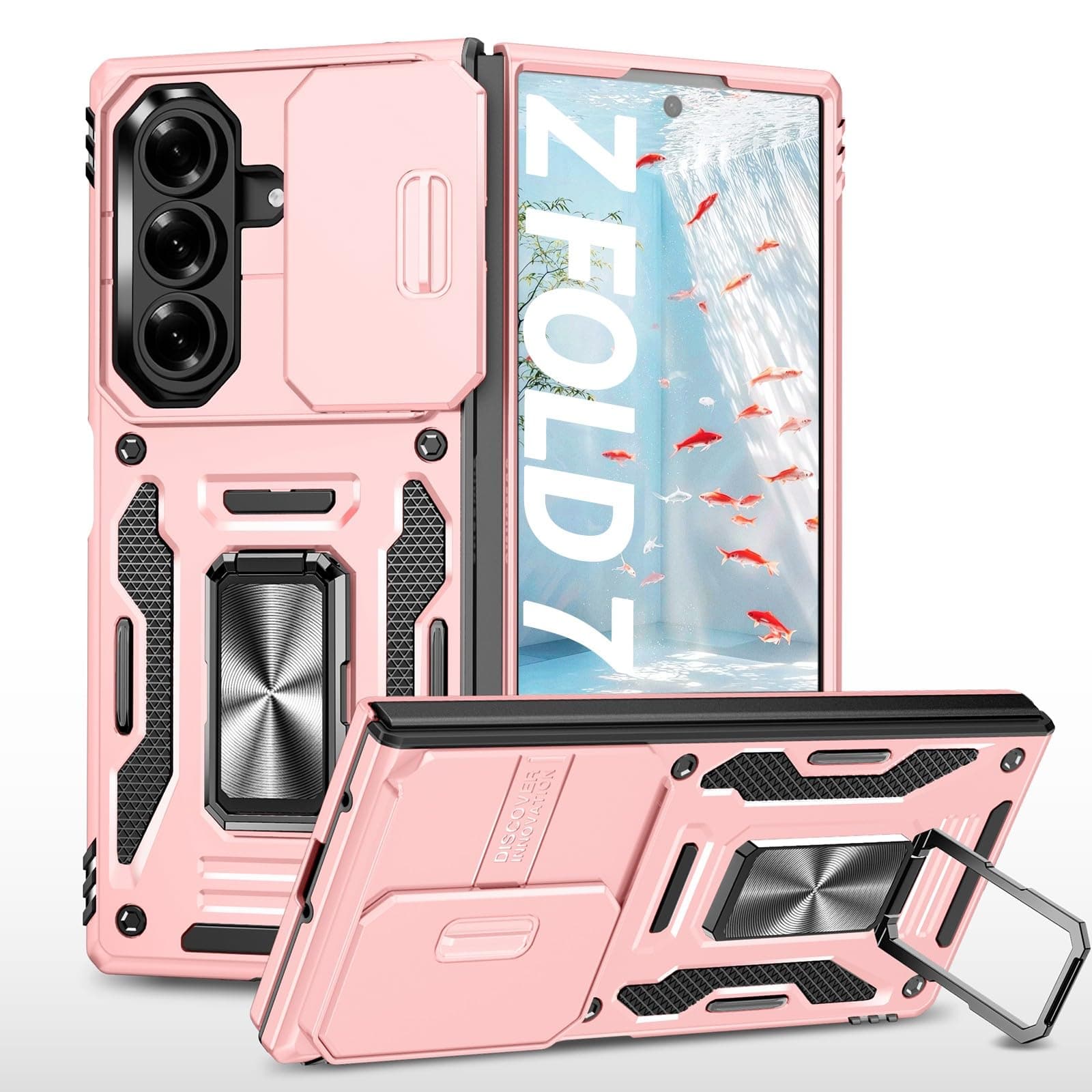 HOULEE for Samsung Galaxy Z Fold 7 Case with Slide Camera Cover & Metal Ring Kickstand,Heavy Duty Military Grade Drop Resistant Phone Case for Galaxy Z Fold 7(Pink)