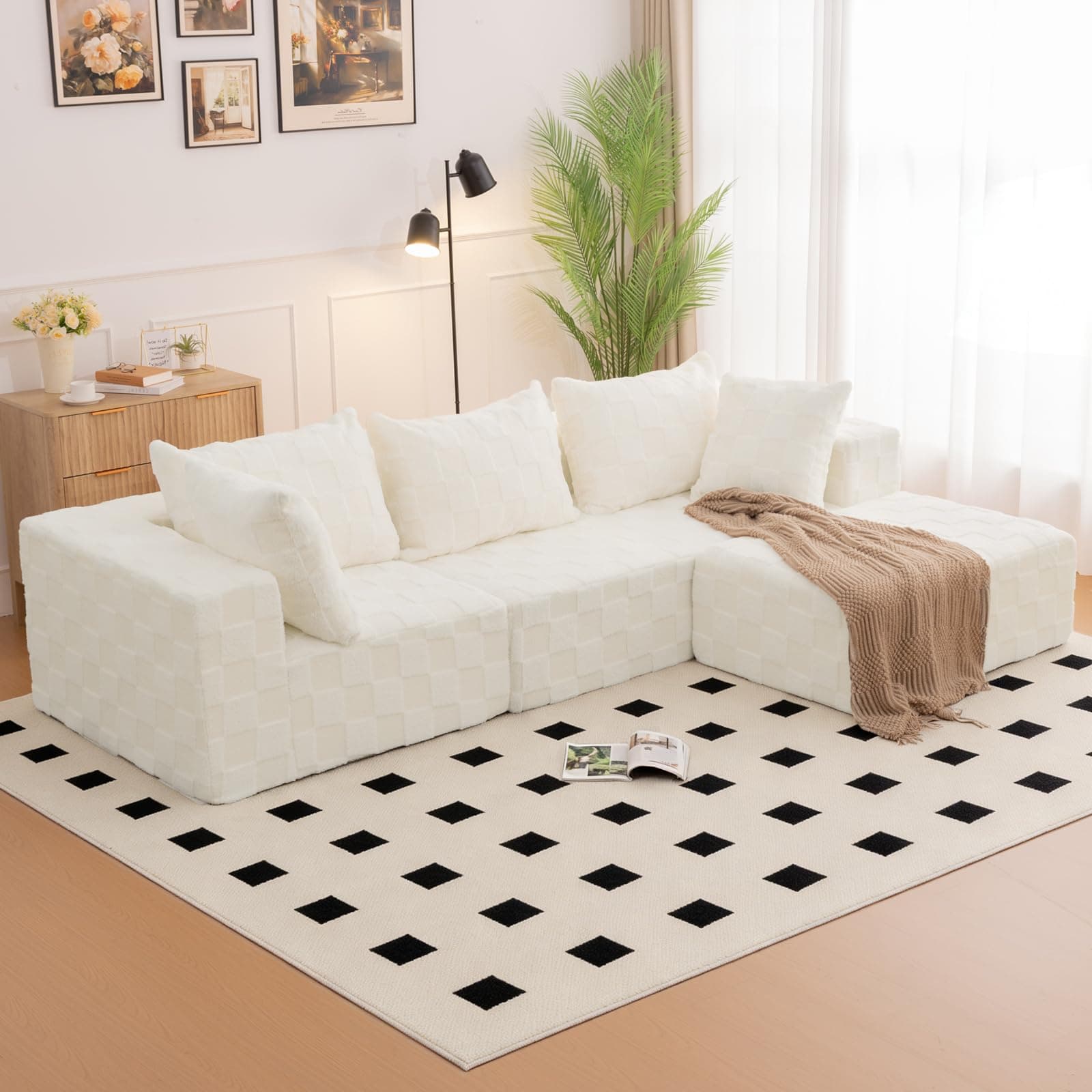 Modular Sectional Sofa, 108" L-Shaped Boneless Couch with Deep Seat, Corduroy Cloud Couch for Living Room, Bedroom, No Assembly Required, Ship in a Box, Checkered Beige