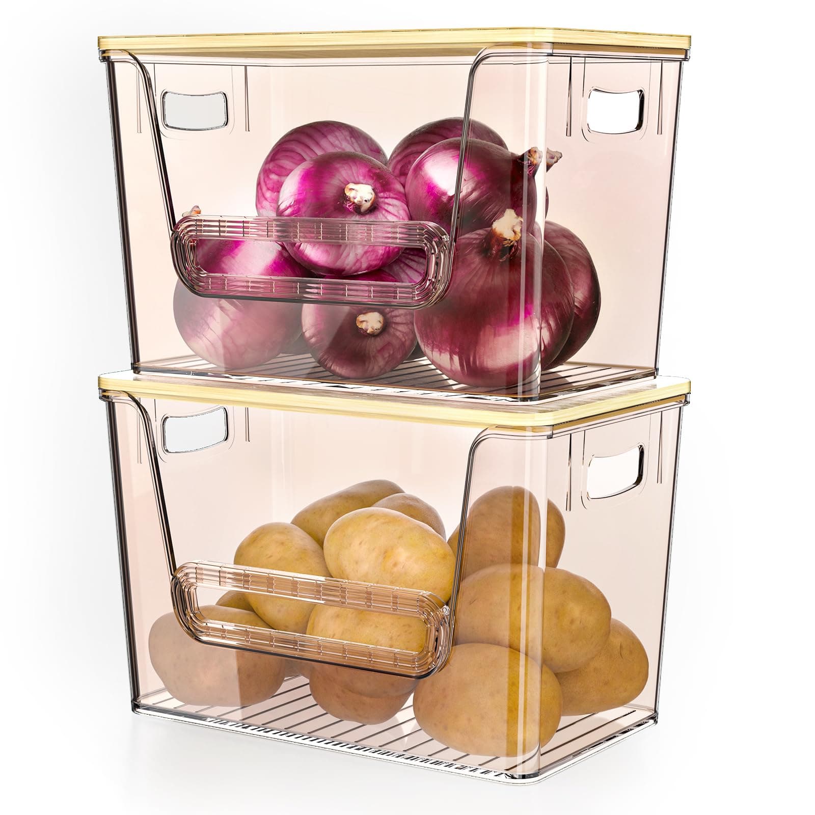 Delamu 2 Set Pantry Organizers and Storage,Trash Bag Dispenser with Bamboo Top,Stackable Trash Bag Dispenser Under Sink Organizer for 4-30 GalBags,Onion,Potato,Fruits,Amber(11-7/32"L*7" W*7-1/8"H)