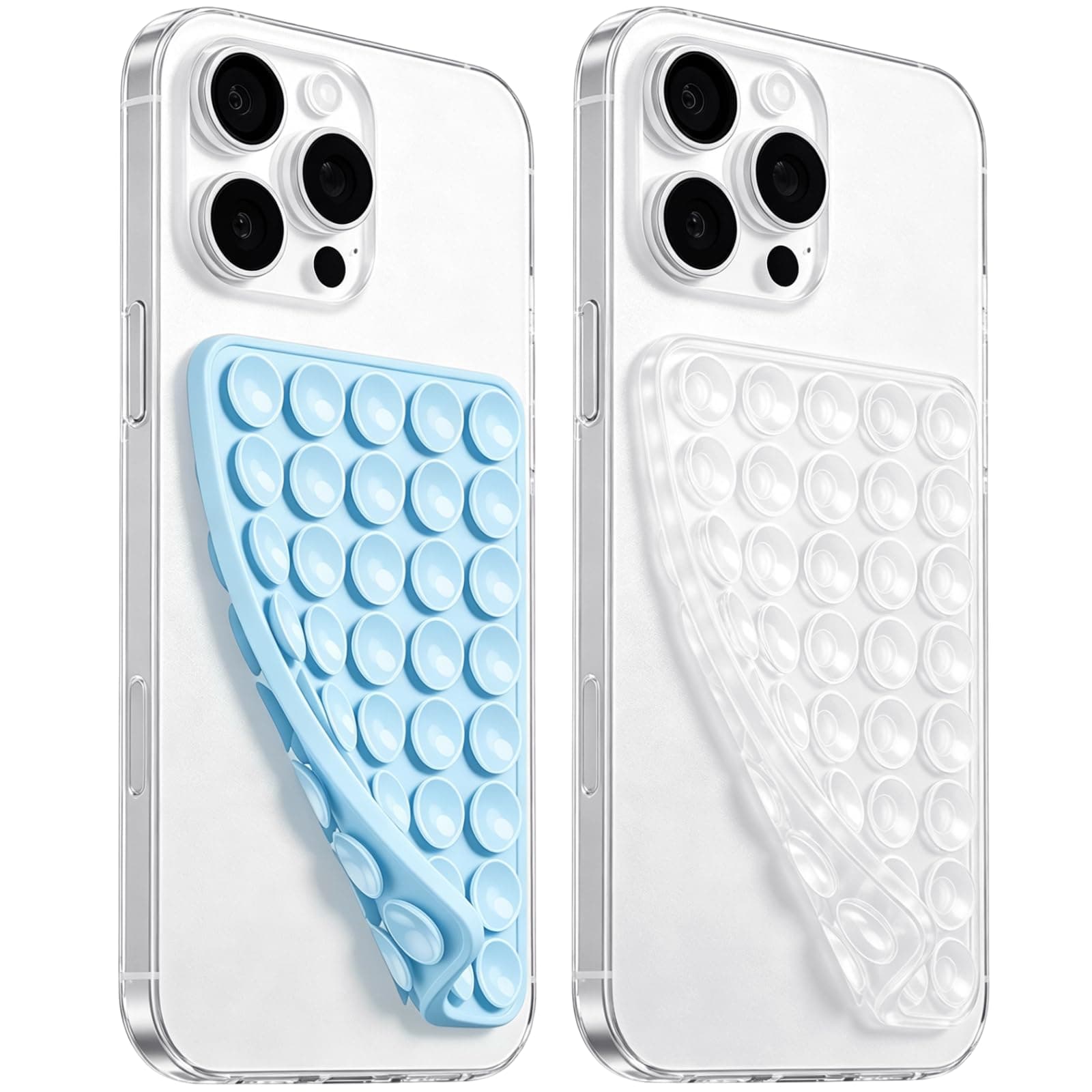 LvShuLiangPin 2 Pack Silicone Suction Cup Phone Case Mount Double Sided, Hands-Free Strong Grip Silicon Phone Holder, Non Slip Phone Accessories for Selfies and Videos (Baby Blue&Translucent)