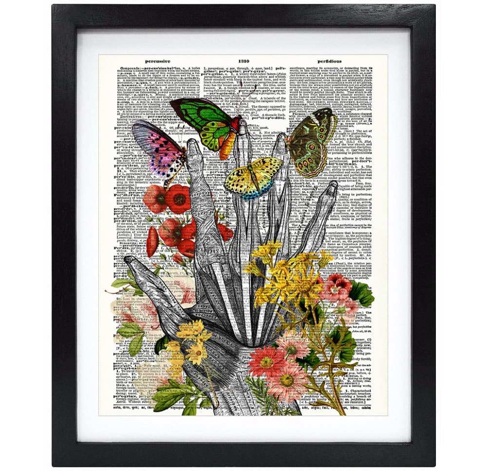 Susie Arts 8X10 Unframed Take My Hand Human Anatomy Upcycled Dictionary Art Print Flowery Hand and Butterflies Book Art Print Home Decor Funny Art Print V115