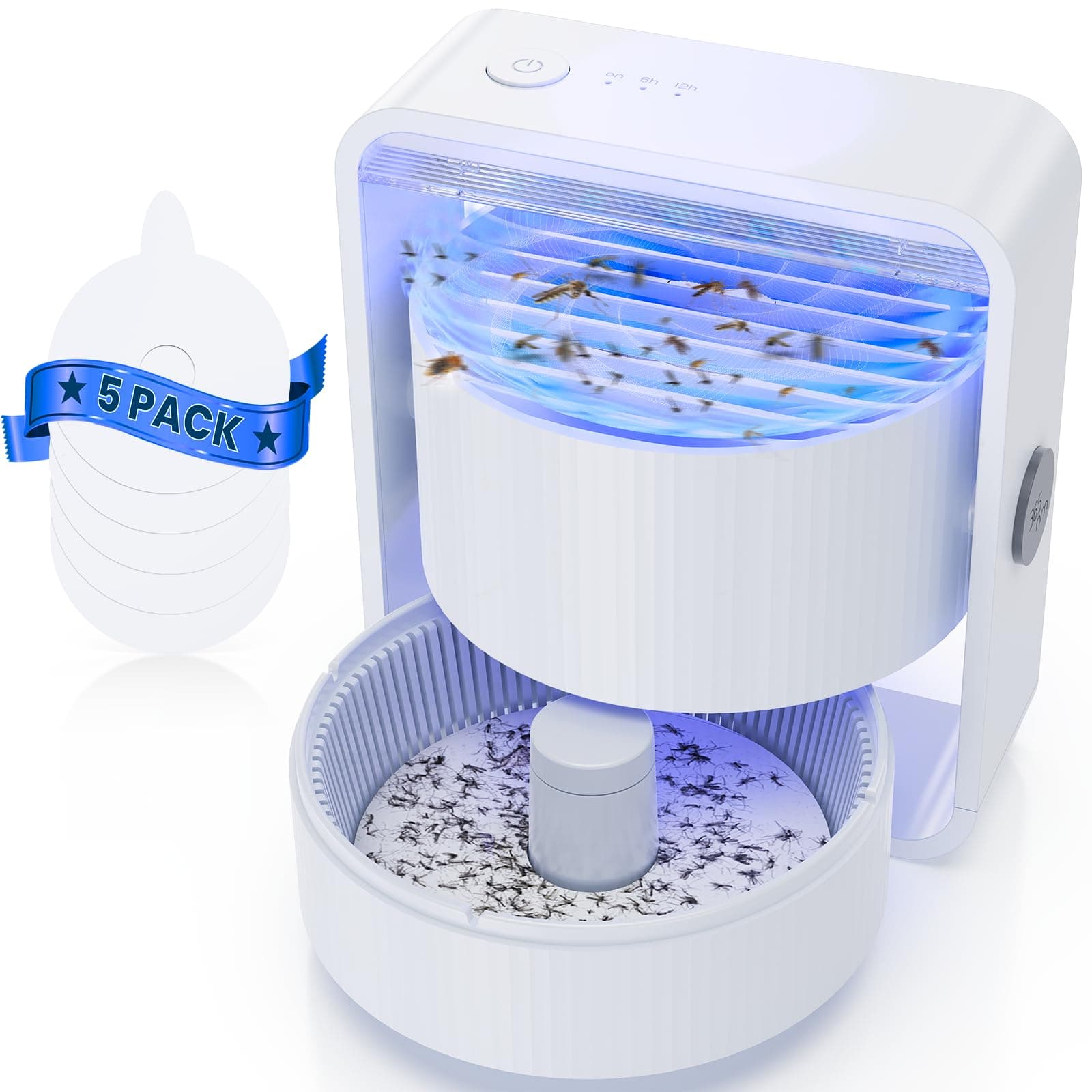 Indoor Fruit Fly Trap – UV Light Mosquito & Gnat Catcher with Suction Fan & Heat Lure, Quiet Bug Zapper for Kitchen, Bedroom & Home, 5 Sticky Pads Included, USB-C Powered