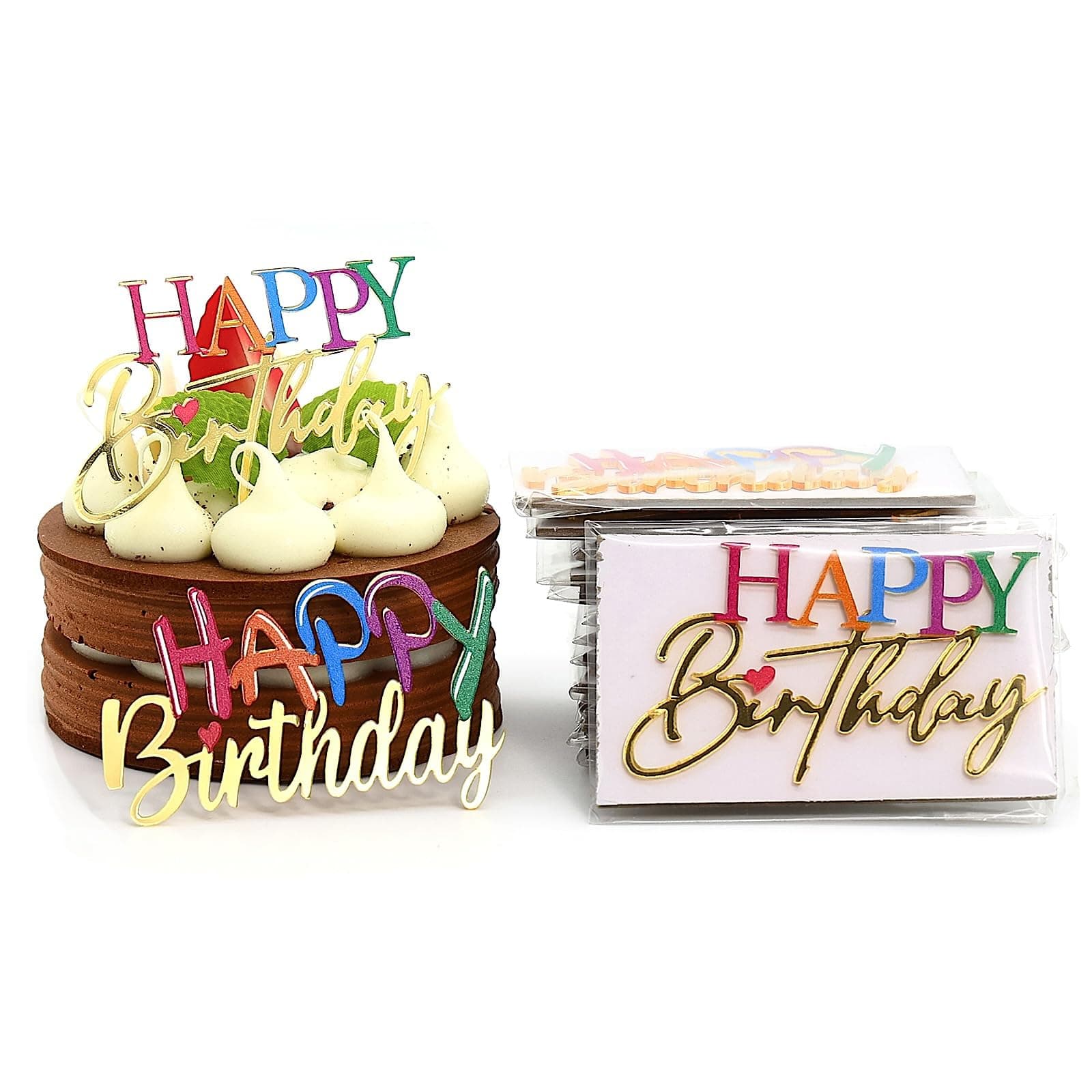12 Pieces Rainbow Happy Birthday Cupcake Topper Set, Mini Size Gold Mirror Acrylic Cake Decorations, 0.06 Inch Cake Topper Party Supplies