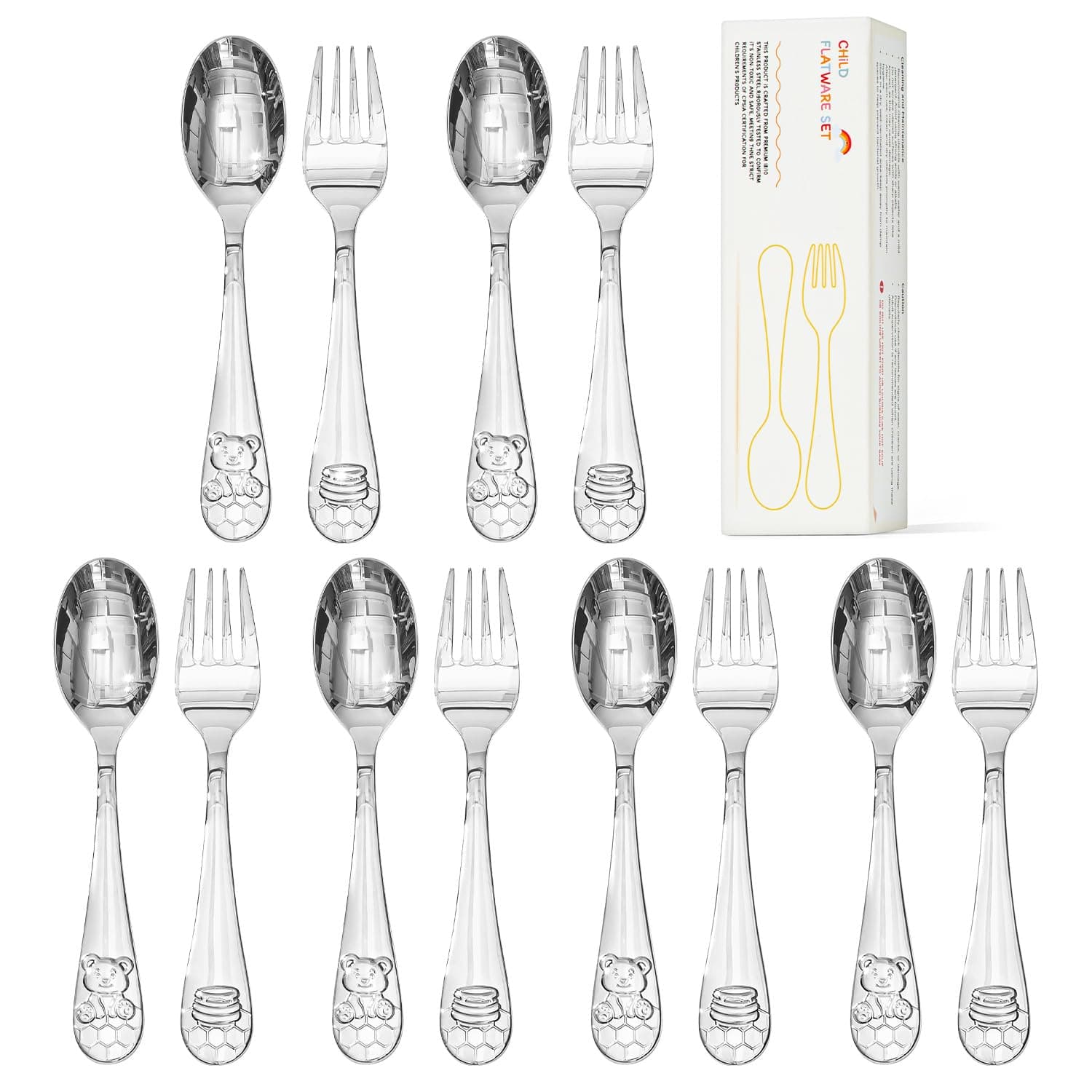 KINGSTONE Kids Silverware Set, 12-Piece Large Forks & Spoons, 18/10 Stainless Steel, Ergonomic Flatware for Self-Feeding Children, Home & Travel, Honey Bear Print