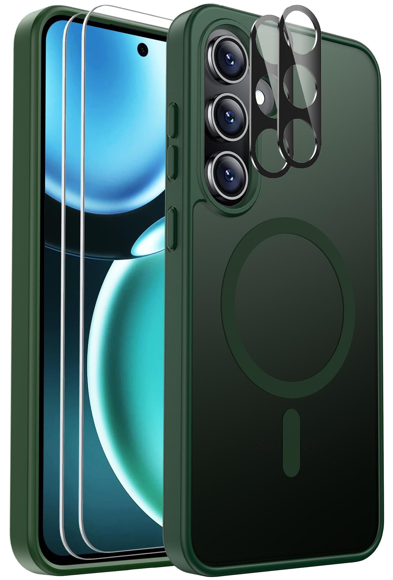Ezanmull for Samsung Galaxy S24 FE Case Magnetic Shockproof, [Fit for MagSafe] [Glass Screen Protector + Camera Lens Protector] Translucent Anti-Fingerprint Case for Samsung Galaxy S24 FE (Green)