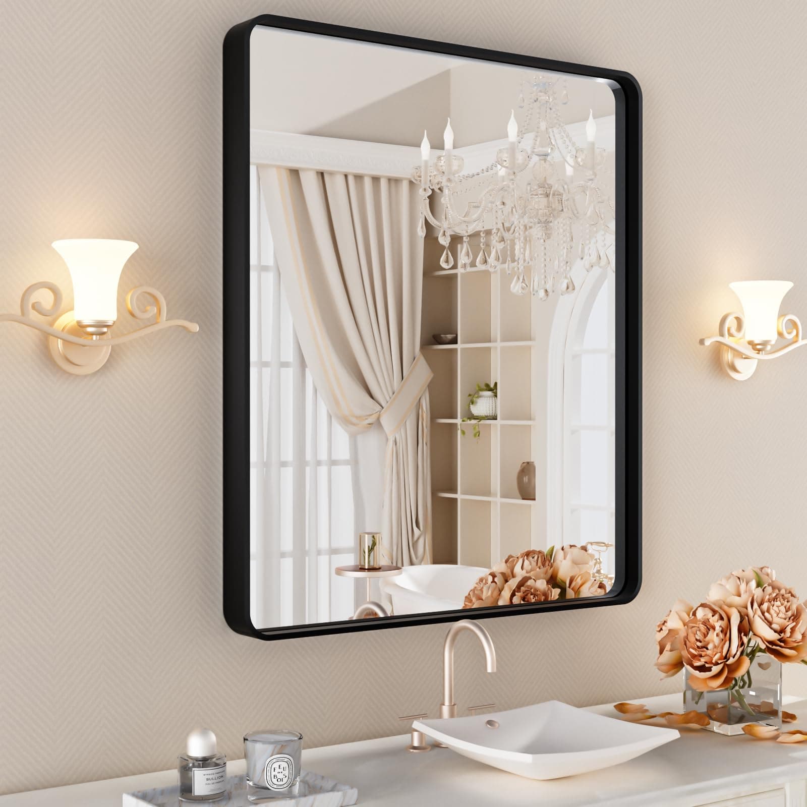 ISTRIPMF Black Bathroom Vanity Mirror 24x30 Inch,Rounded Rectangle Matte Black Mirror for Bathroom Wall,Tempered Glass,Horizontal or Vertical