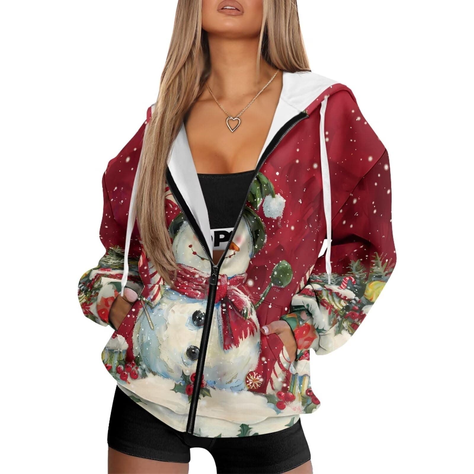 Biyejit Snowman Womens Hoodies Sweatshirt with Pocket Full Zip Hooded Jackets Casual Ladies Long Sleeve Activewear Plus Size XS-4XL