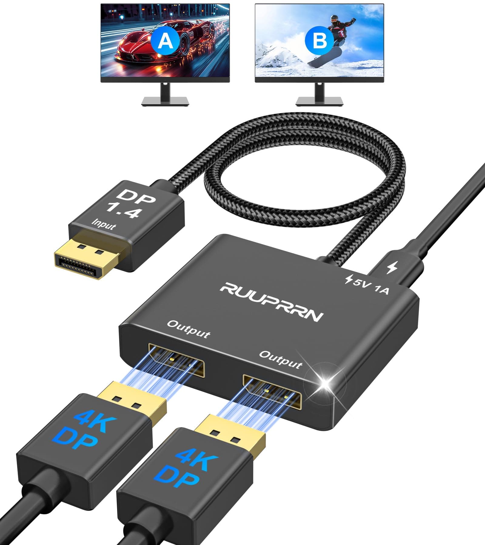 4K@60Hz DisplayPort to Dual DisplayPort Splitter for Dual Monitors Adapter