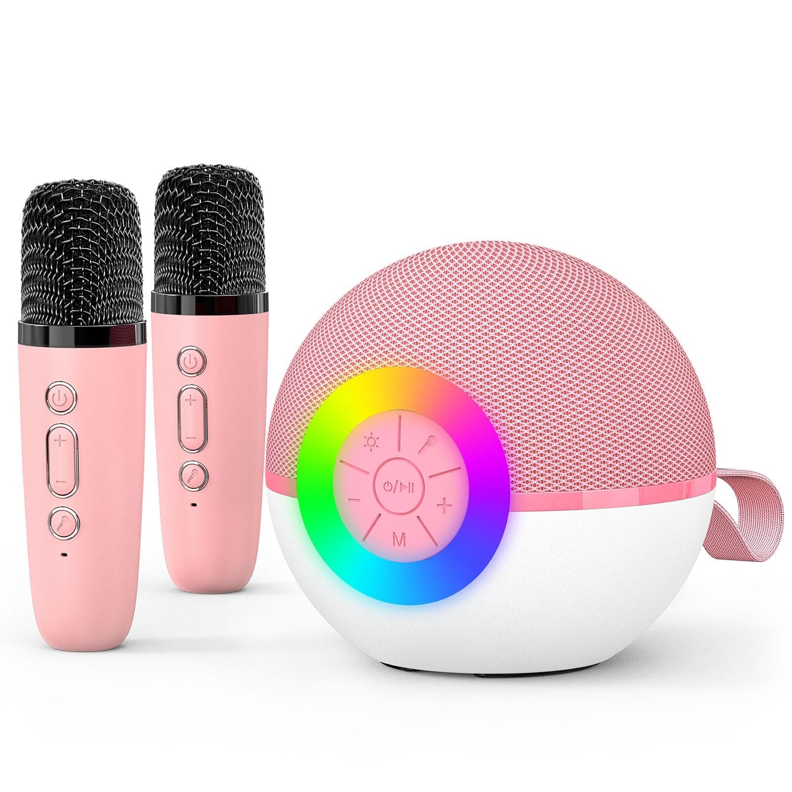 goopow Mini Karaoke Machine Speaker for Kids Adults, Portable Bluetooth Microphone Song Toys with LED Light, Best Chritmas Birthday Festival Gift for 3 4 5 6 7 8+ Year Old Girls Boys (Pink-2MIC)